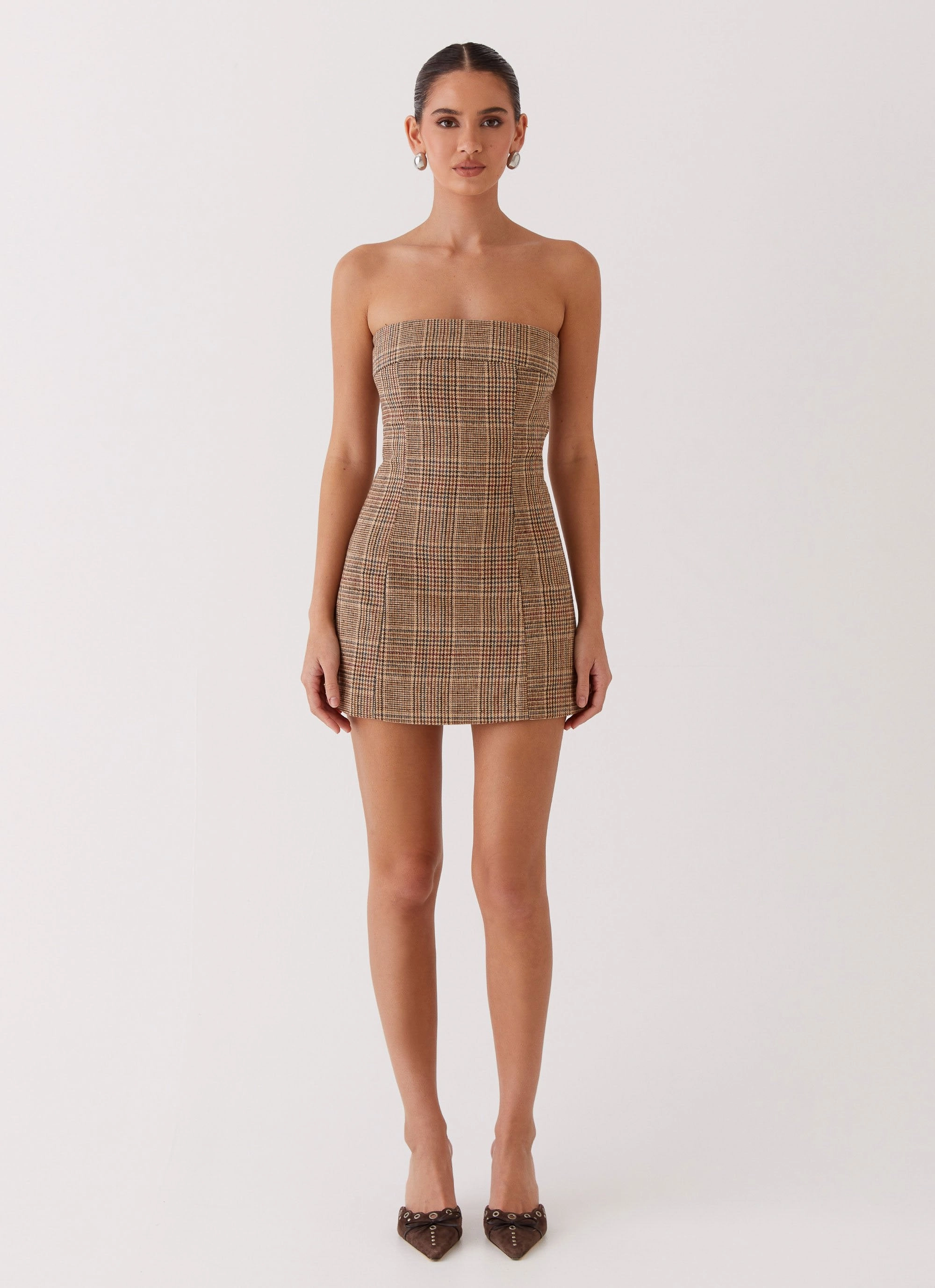 Vivenda Strapless Mini Dress - Brown Plaid Subtle Glam