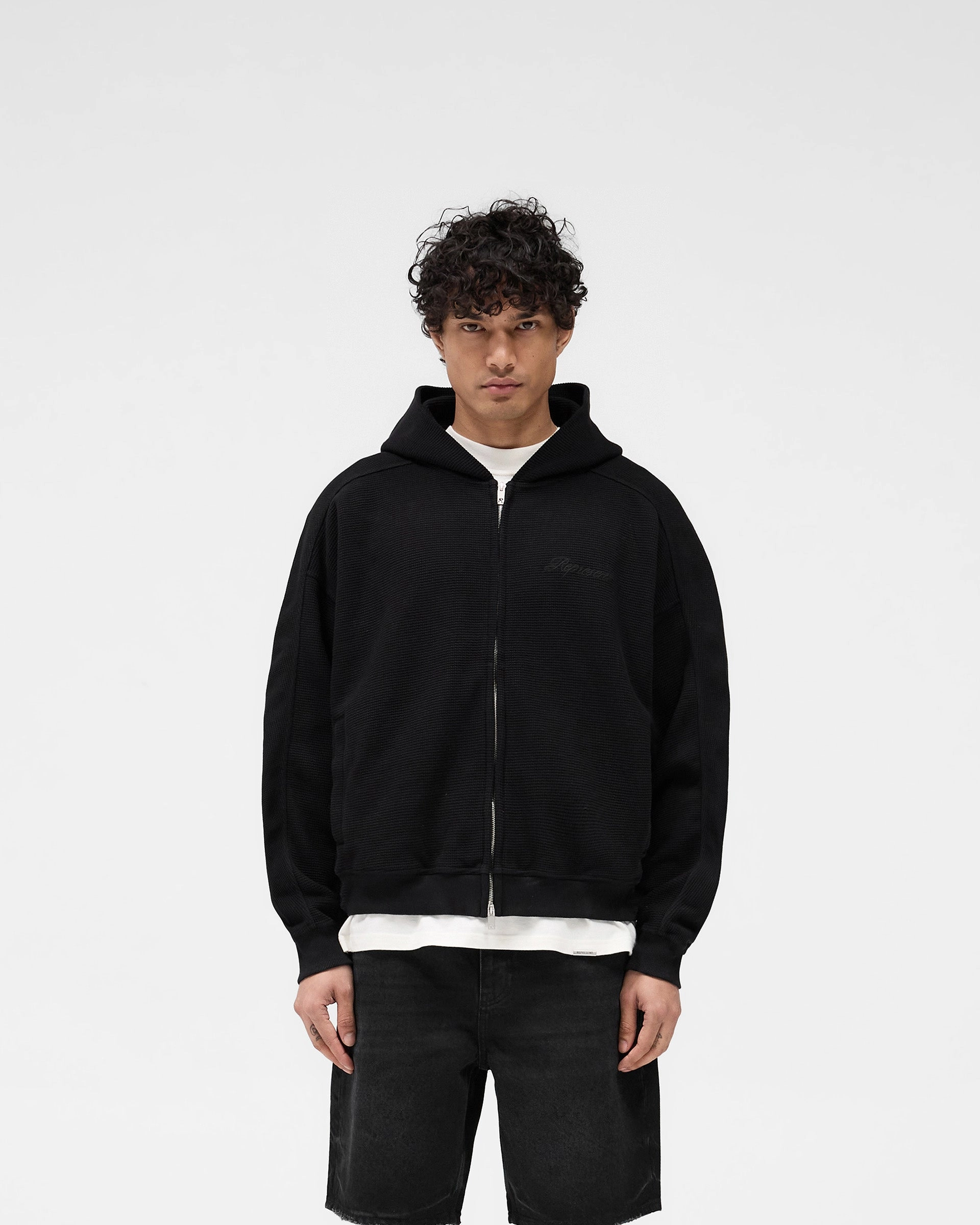 High-Quality Fabric Waffle Zip Through Hoodie - Jet Black