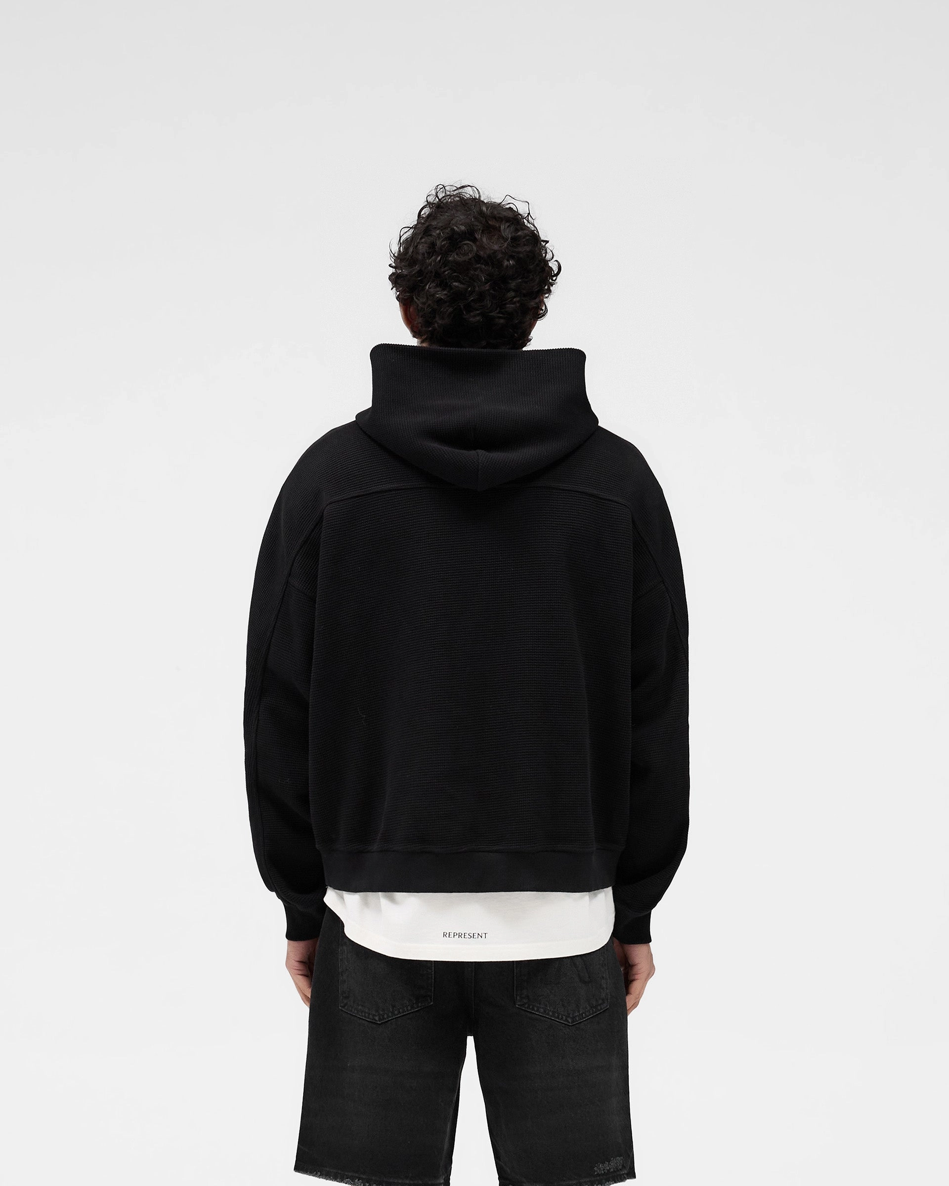 Waffle Zip Through Hoodie - Jet Black Poly Cotton Blend