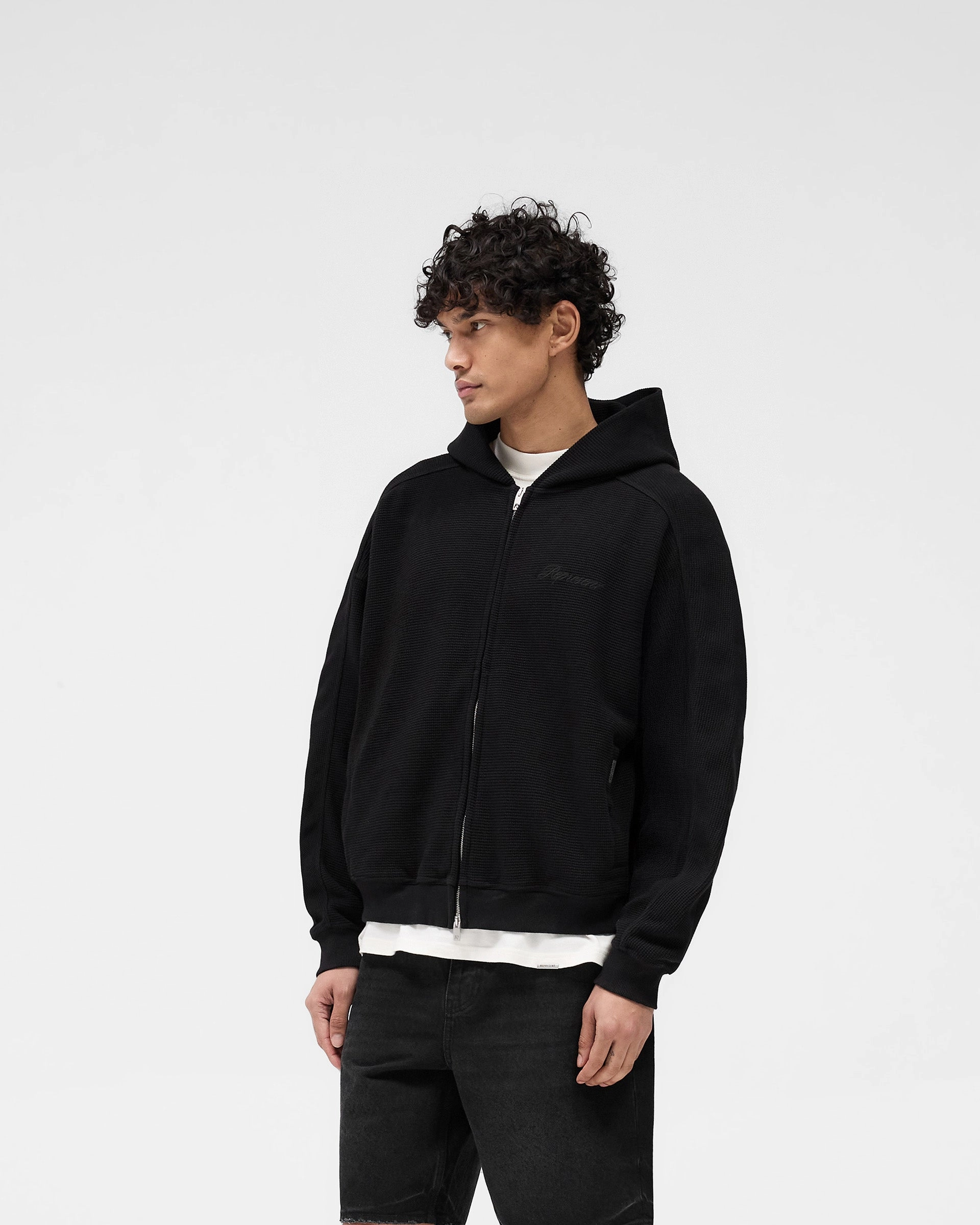 Waffle Zip Through Hoodie - Jet Black Valentine's Day wear Cinco de Mayo wear