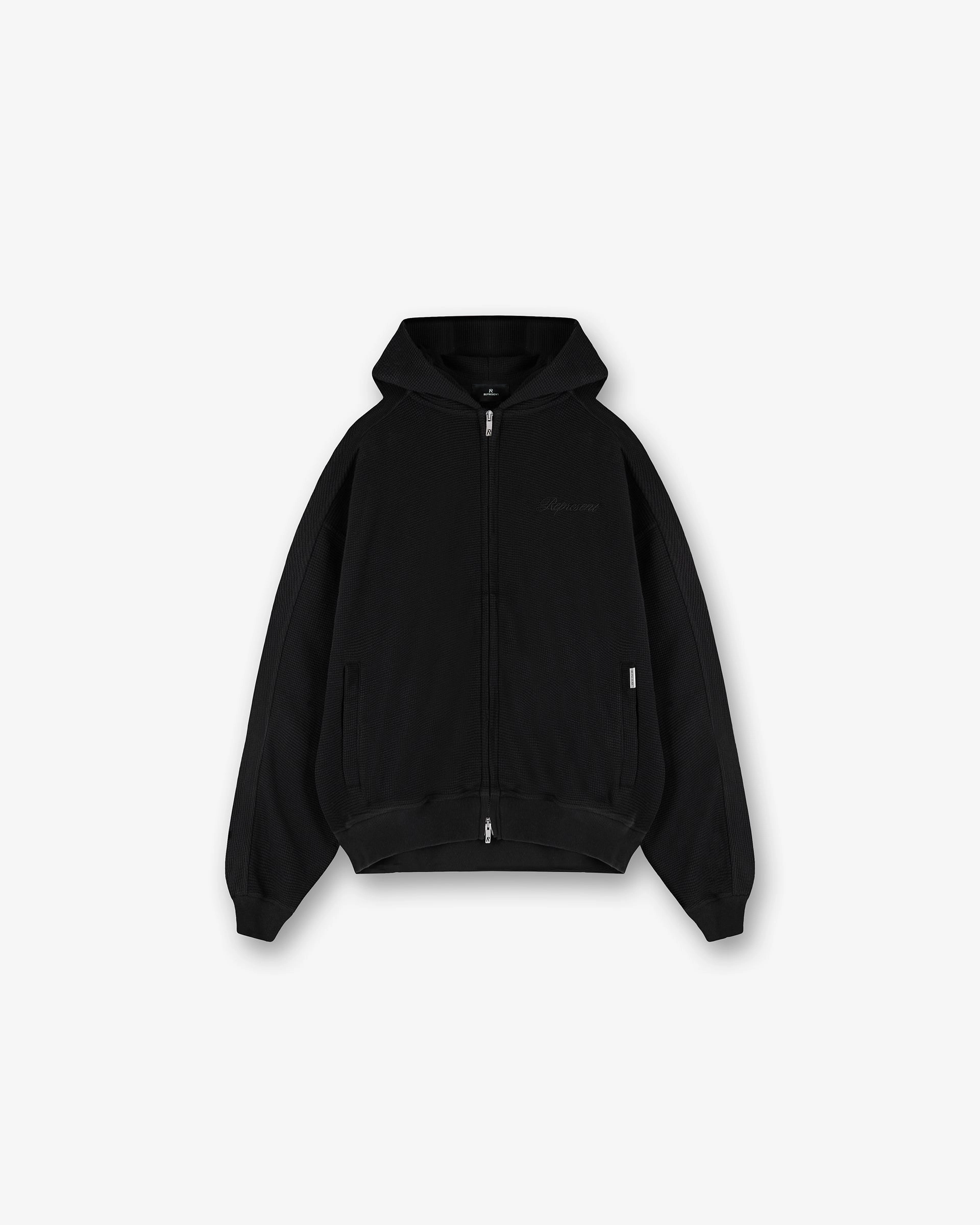 Waffle Zip Through Hoodie - Jet Black Comfort Stretch flight travel