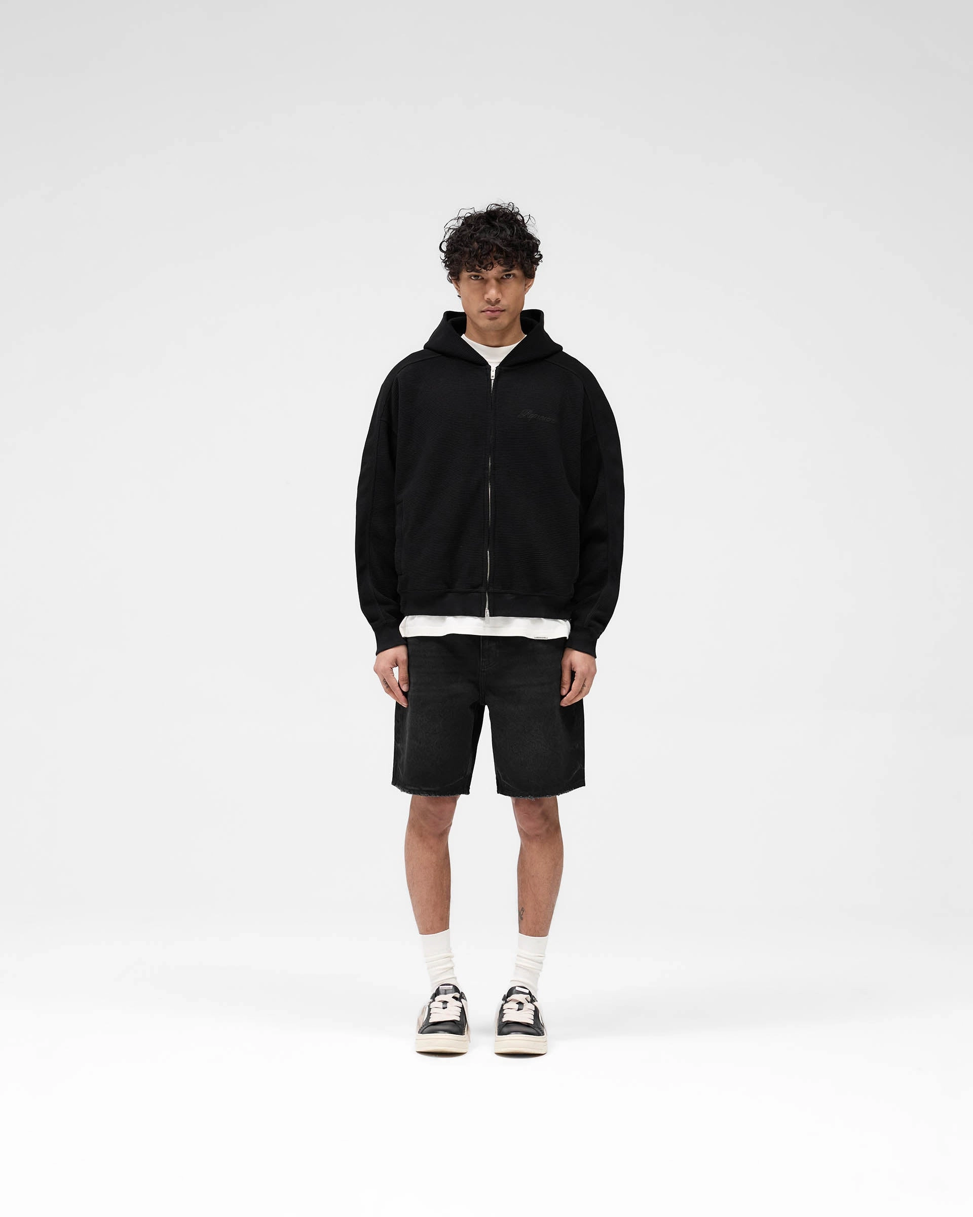 Waffle Zip Through Hoodie - Jet Black Performance Wear