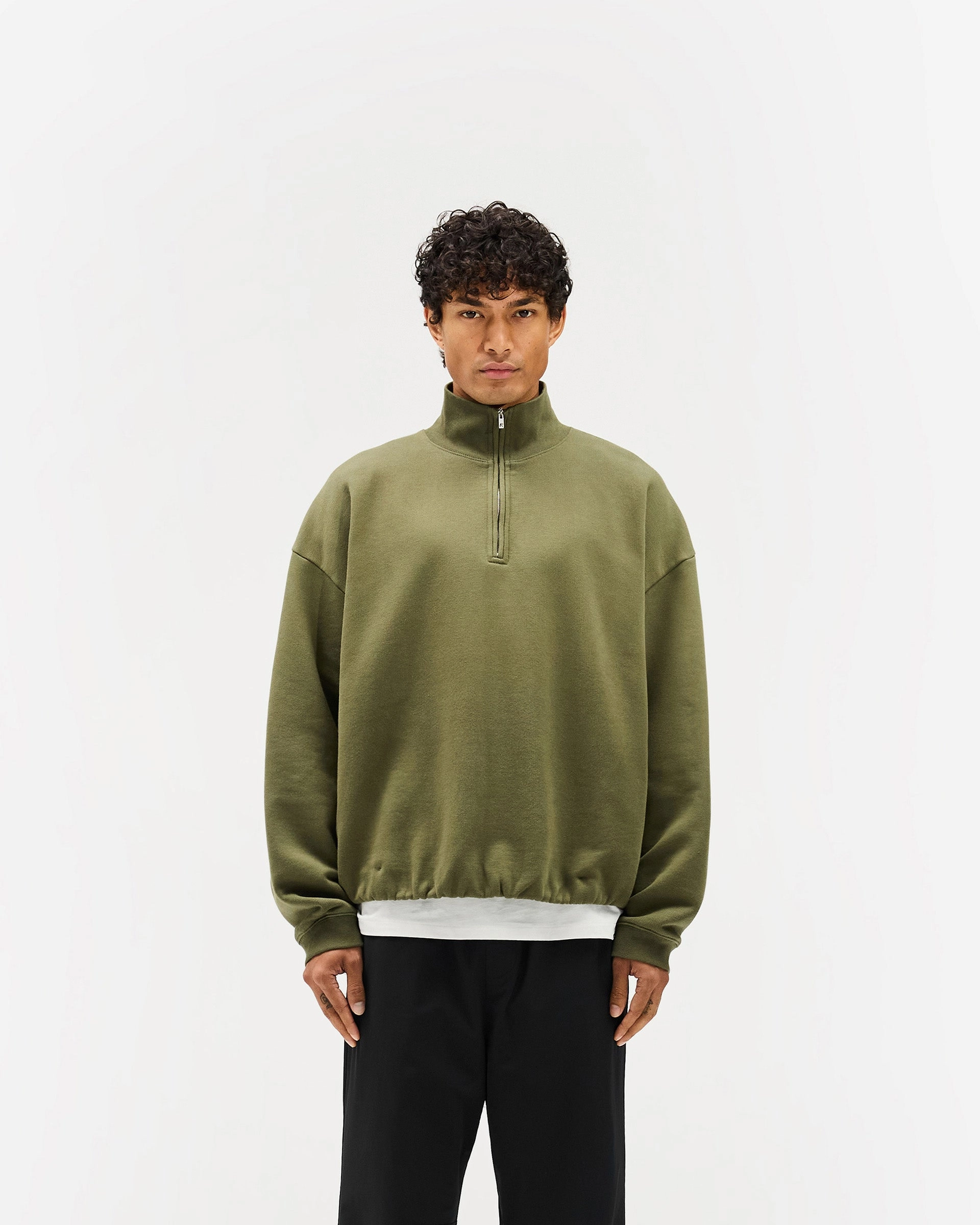Initial Funnel Neck Quarter Zip Sweatshirt - Army Green Tactile Grid Knit Comfy Layering