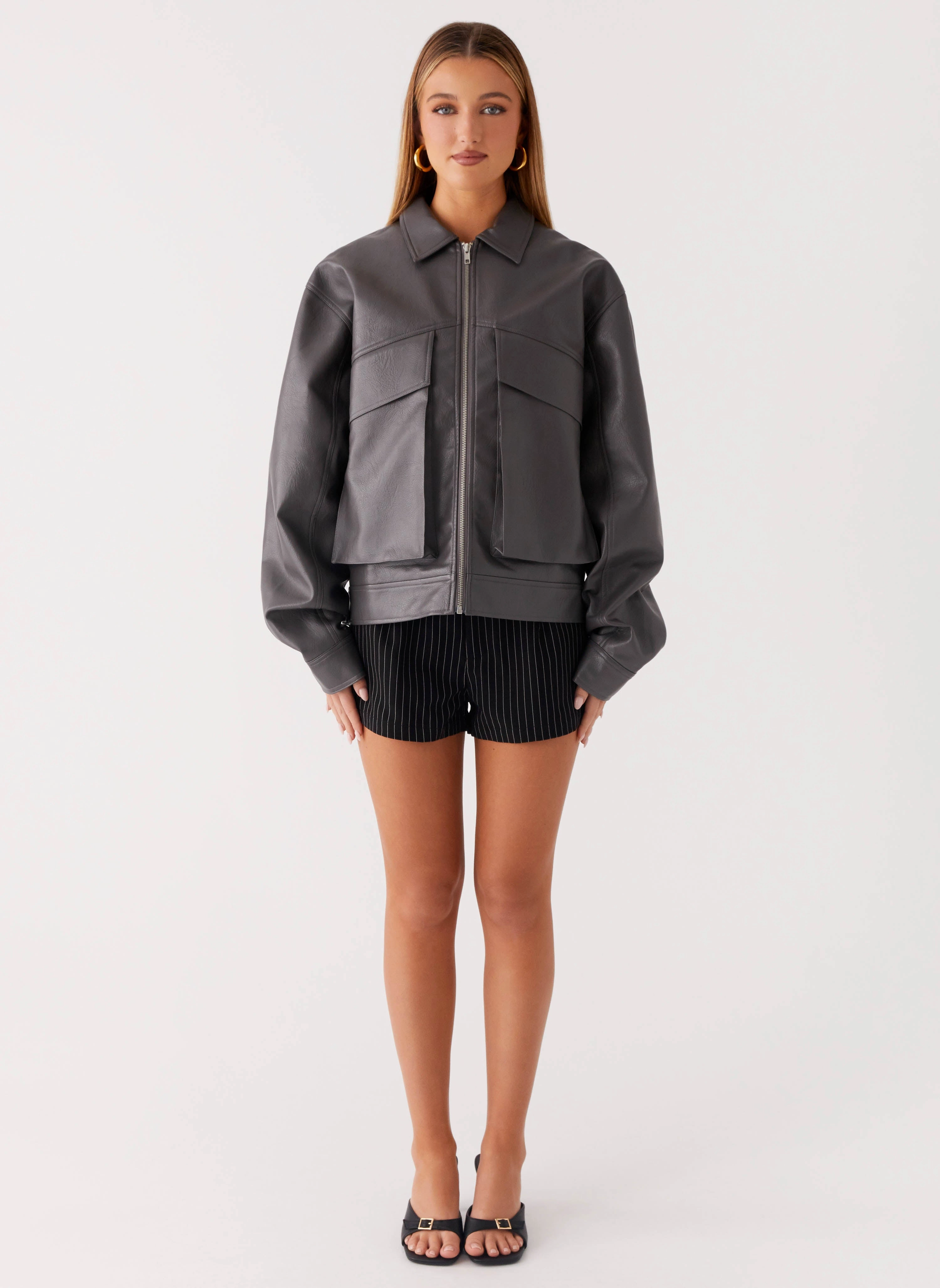 Bonded Edge Finish All Day Comfort Design Lula Faux Leather Bomber Jacket - Charcoal