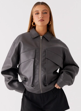 Lula Faux Leather Bomber Jacket - Charcoal Contemporary Fit Quick Access Hidden Pockets