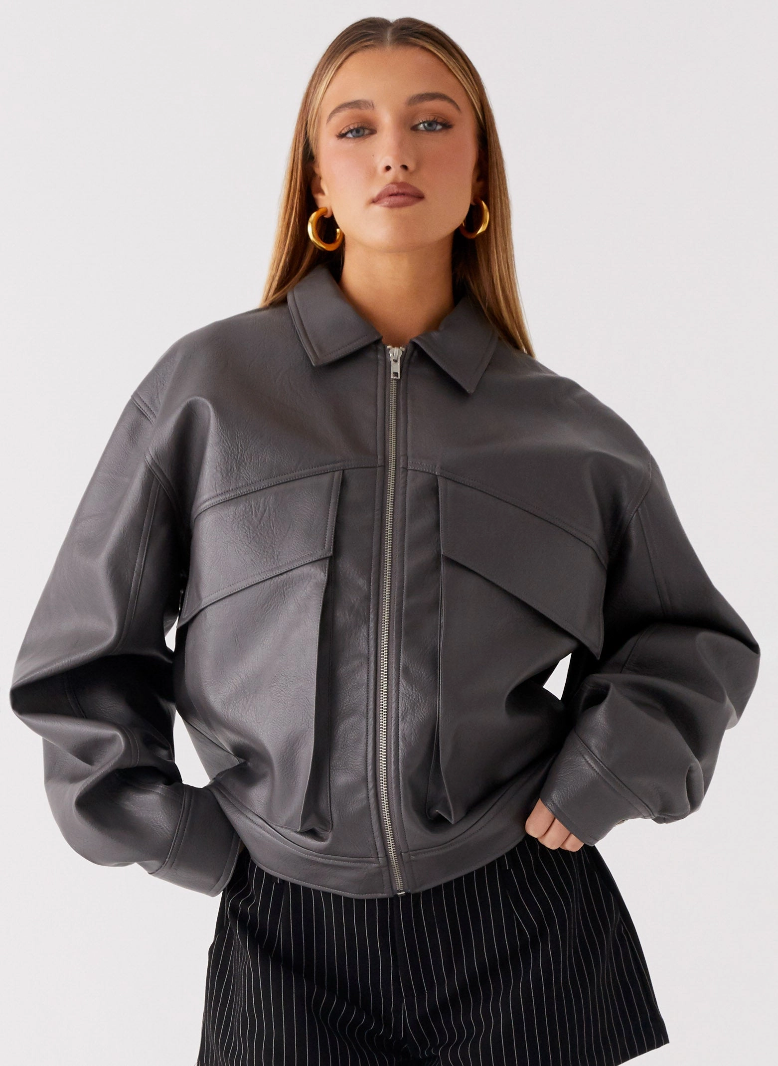Lula Faux Leather Bomber Jacket - Charcoal Contemporary Fit Quick Access Hidden Pockets