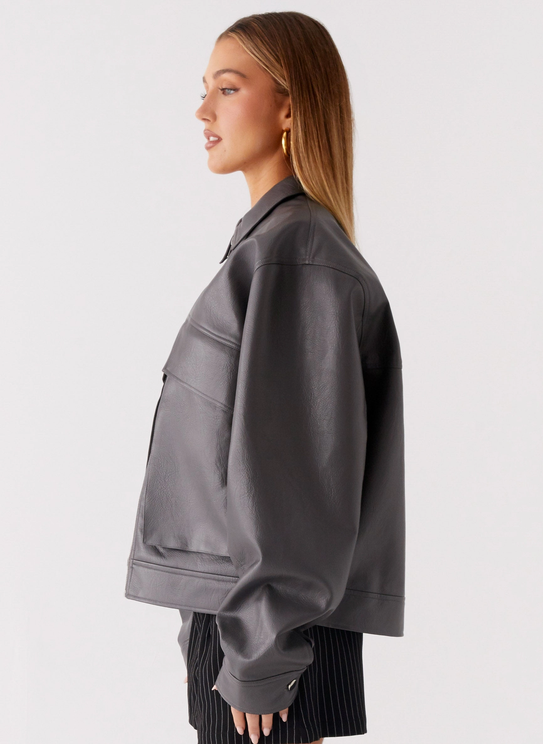 Windproof Insulated Coat Lula Faux Leather Bomber Jacket - Charcoal