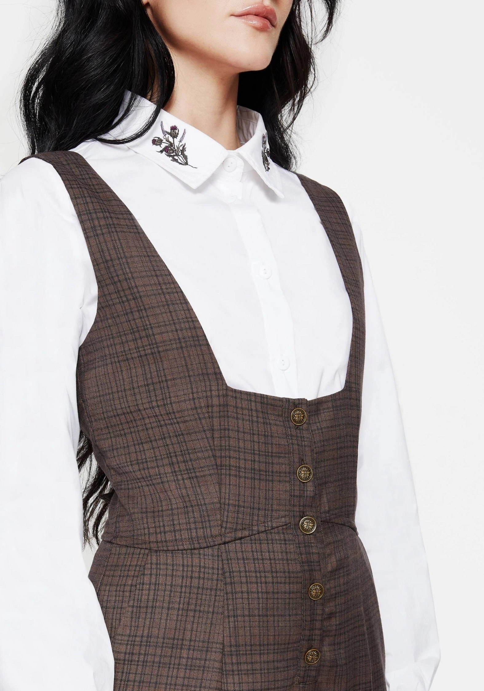 Basic Style Minimal Waist Lamya Check Tailored Straight Leg Suspender Trouser