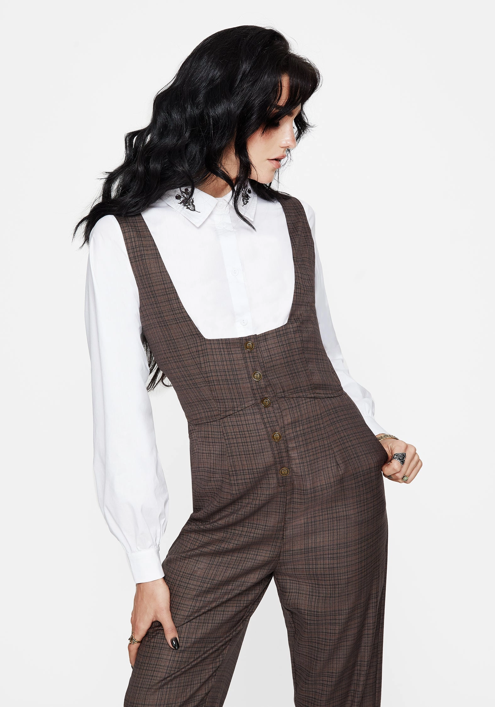 Low Bulk Lamya Check Tailored Straight Leg Suspender Trouser
