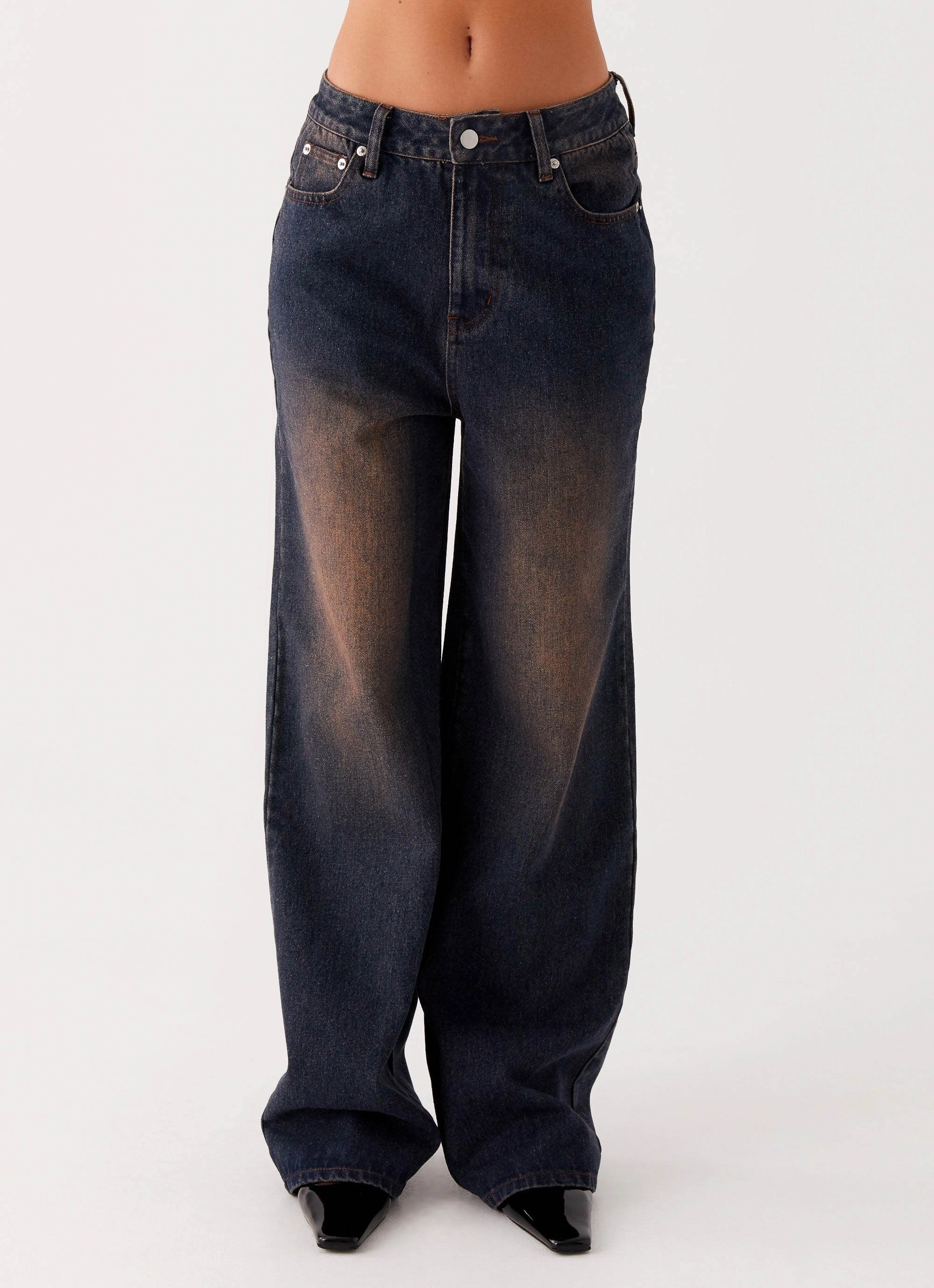 Base Outfit Back Again Straight Leg Denim Jeans - Brown Blue Acid Wash