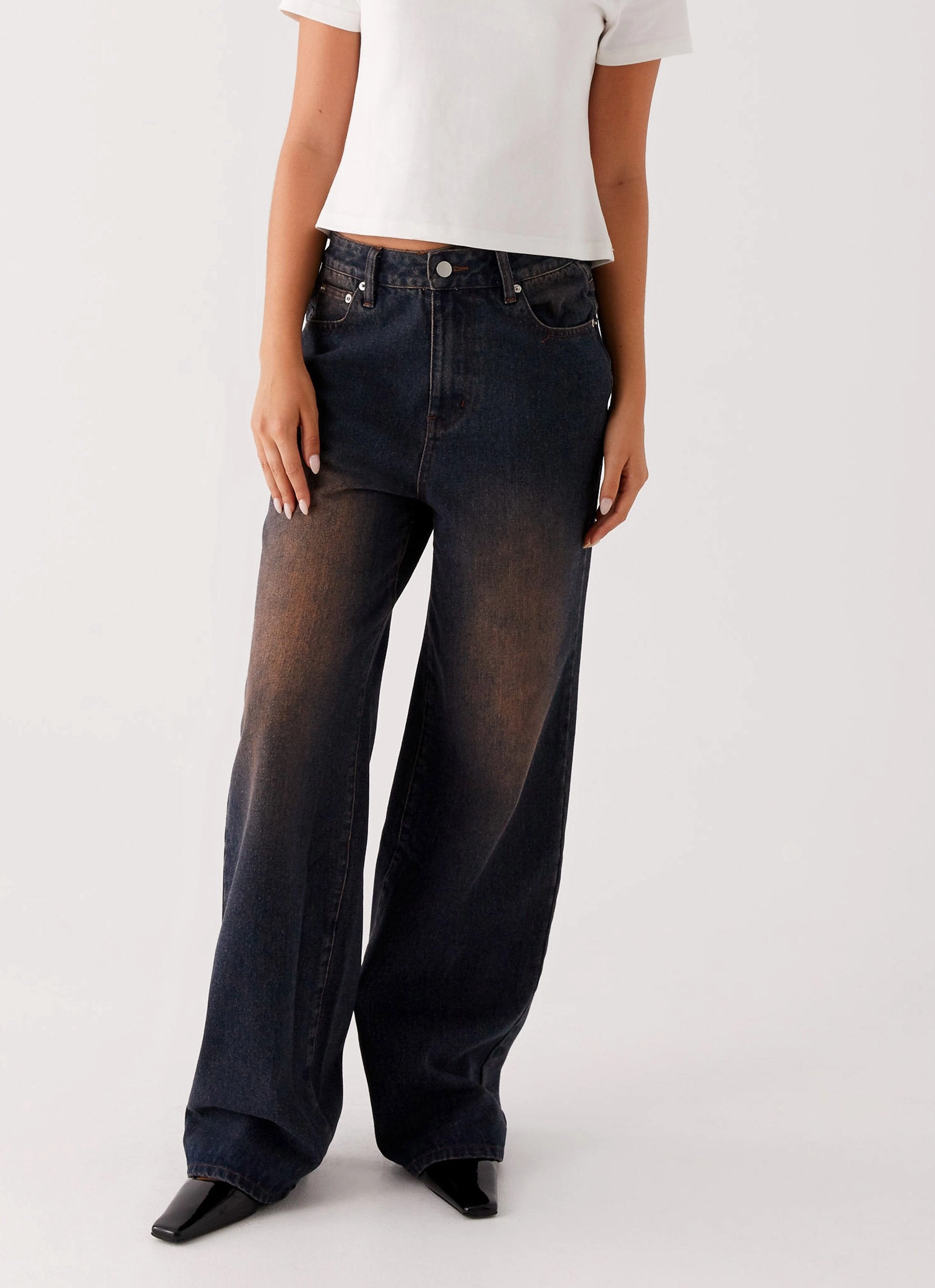 Back Again Straight Leg Denim Jeans - Brown Blue Acid Wash Comfortable Edge
