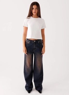 Secure Closure System Comfy Touch Back Again Straight Leg Denim Jeans - Brown Blue Acid Wash