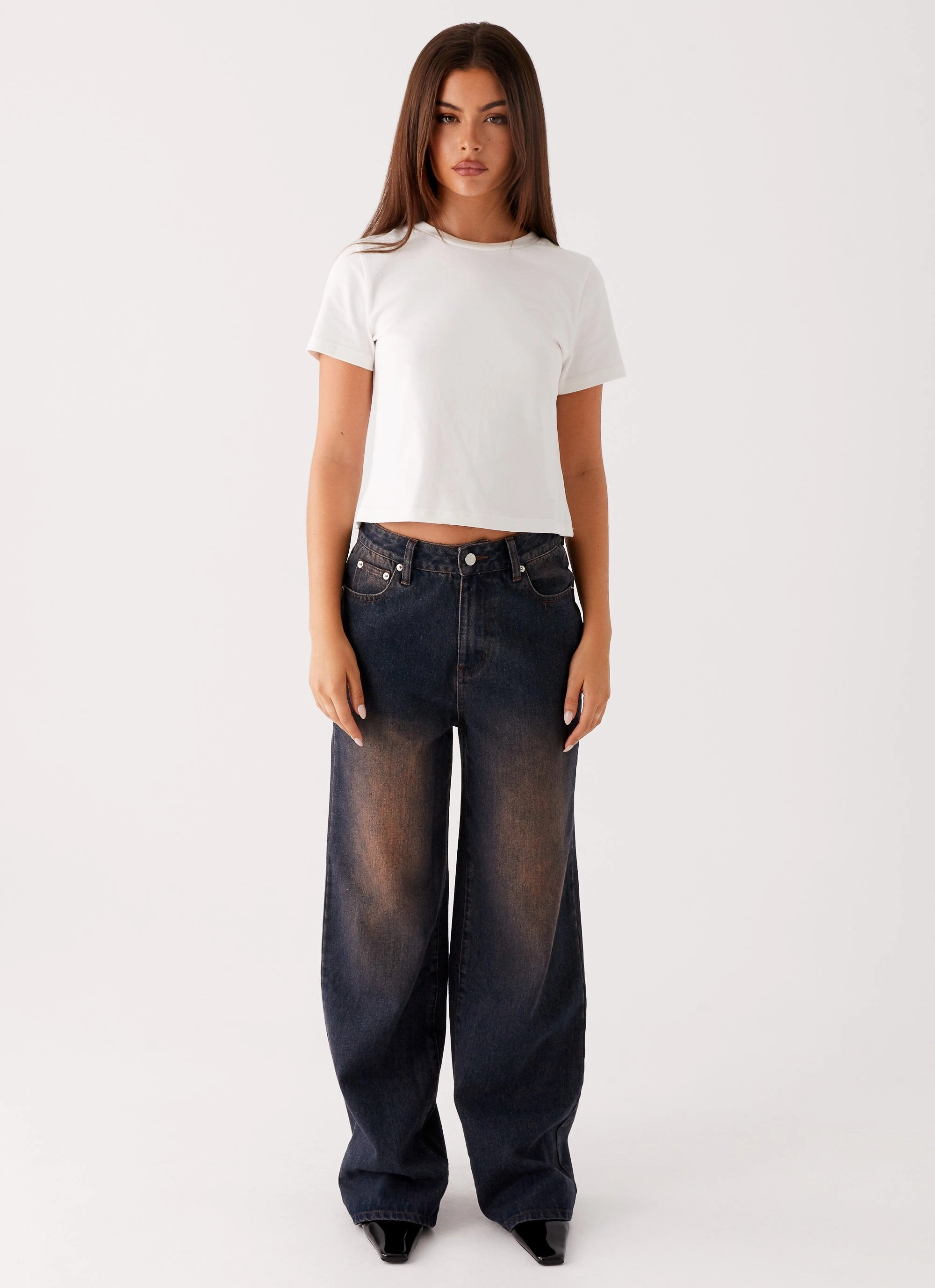 Secure Closure System Comfy Touch Back Again Straight Leg Denim Jeans - Brown Blue Acid Wash