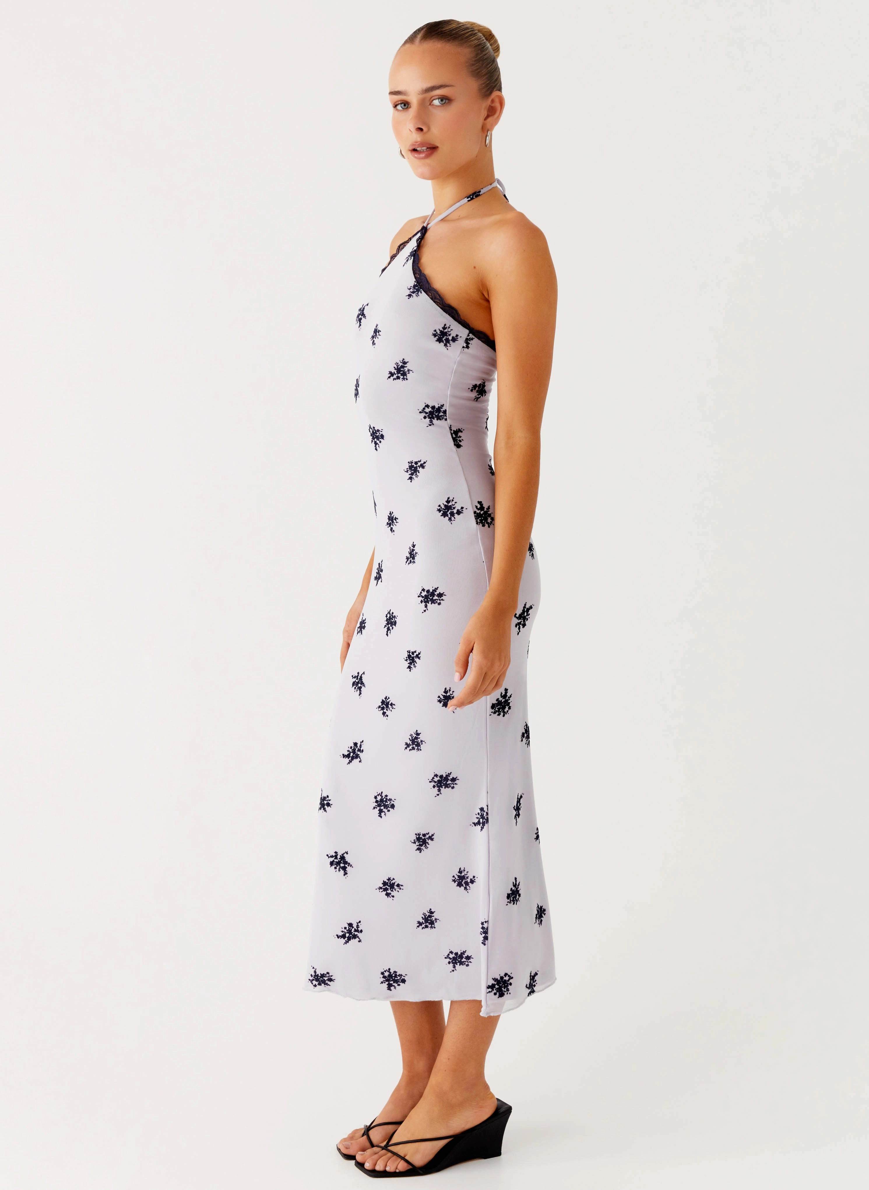 Nestel Flock Halter Midi Dress - Lilac Summer Mood Glossy Detail