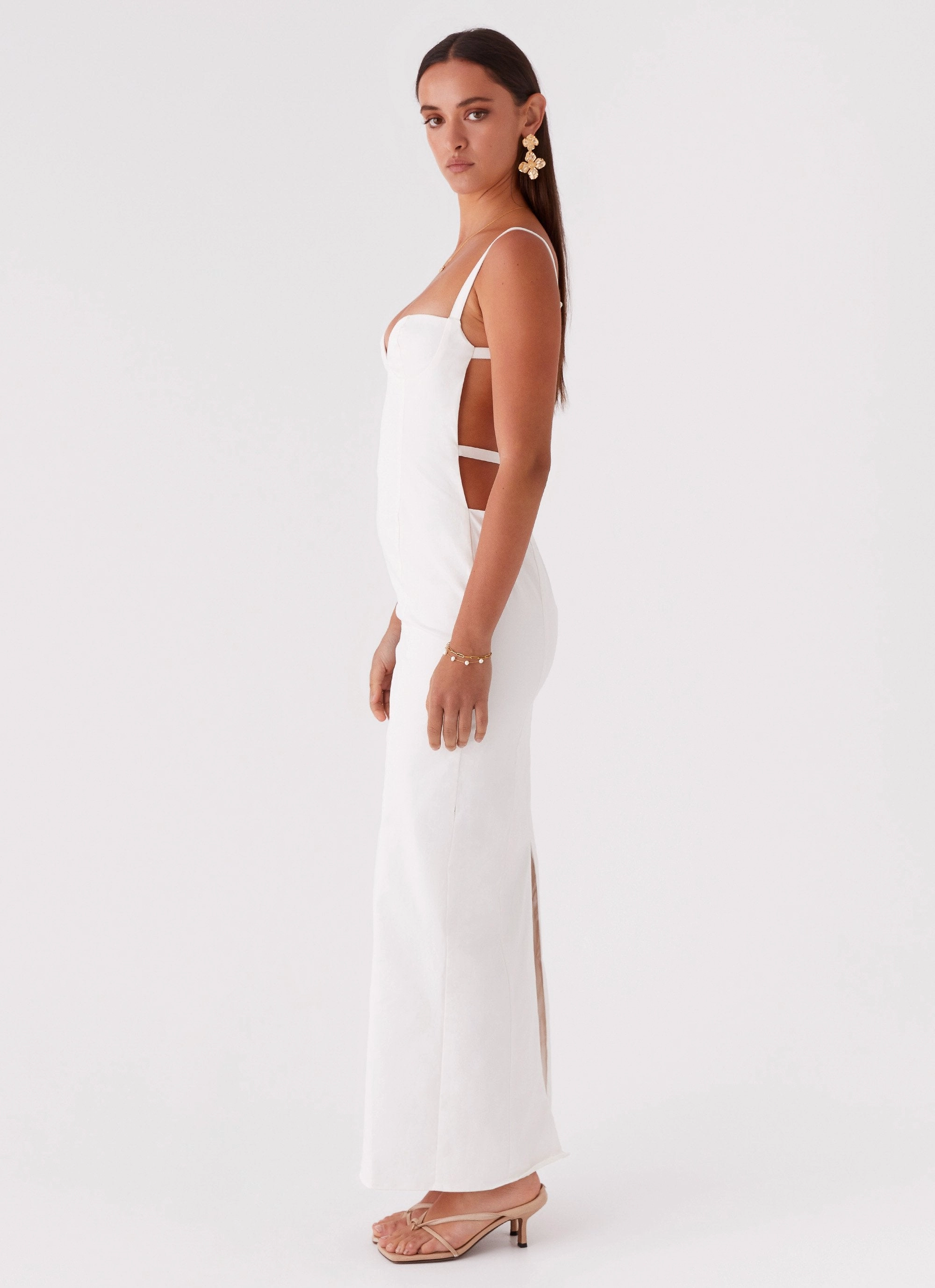 Naomi Backless Maxi Dress - Off White Satin Fabric