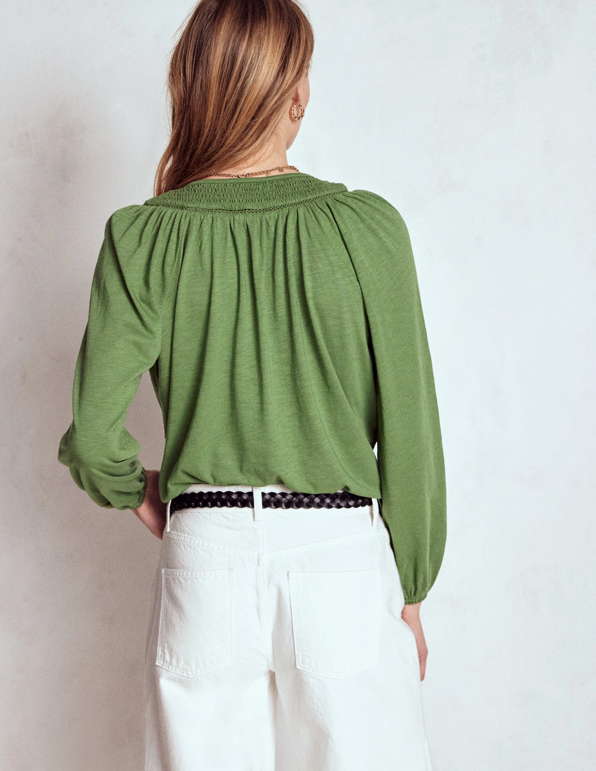Georgia Smocked Jersey Top-Safari Green OdorResistantFinish