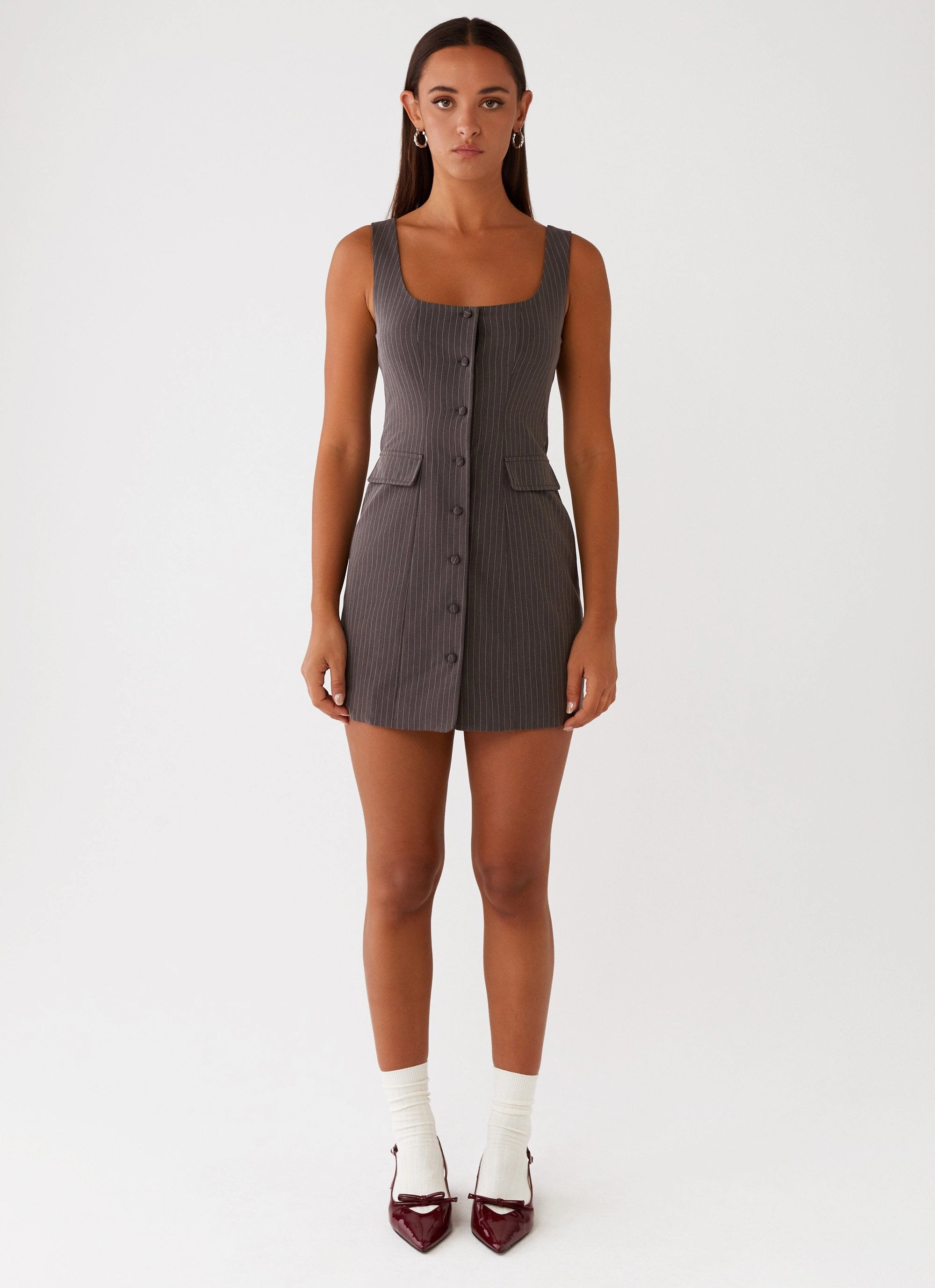 Whimsical Mood Quick Drying Westwood Mini Dress - Grey Pinstripe