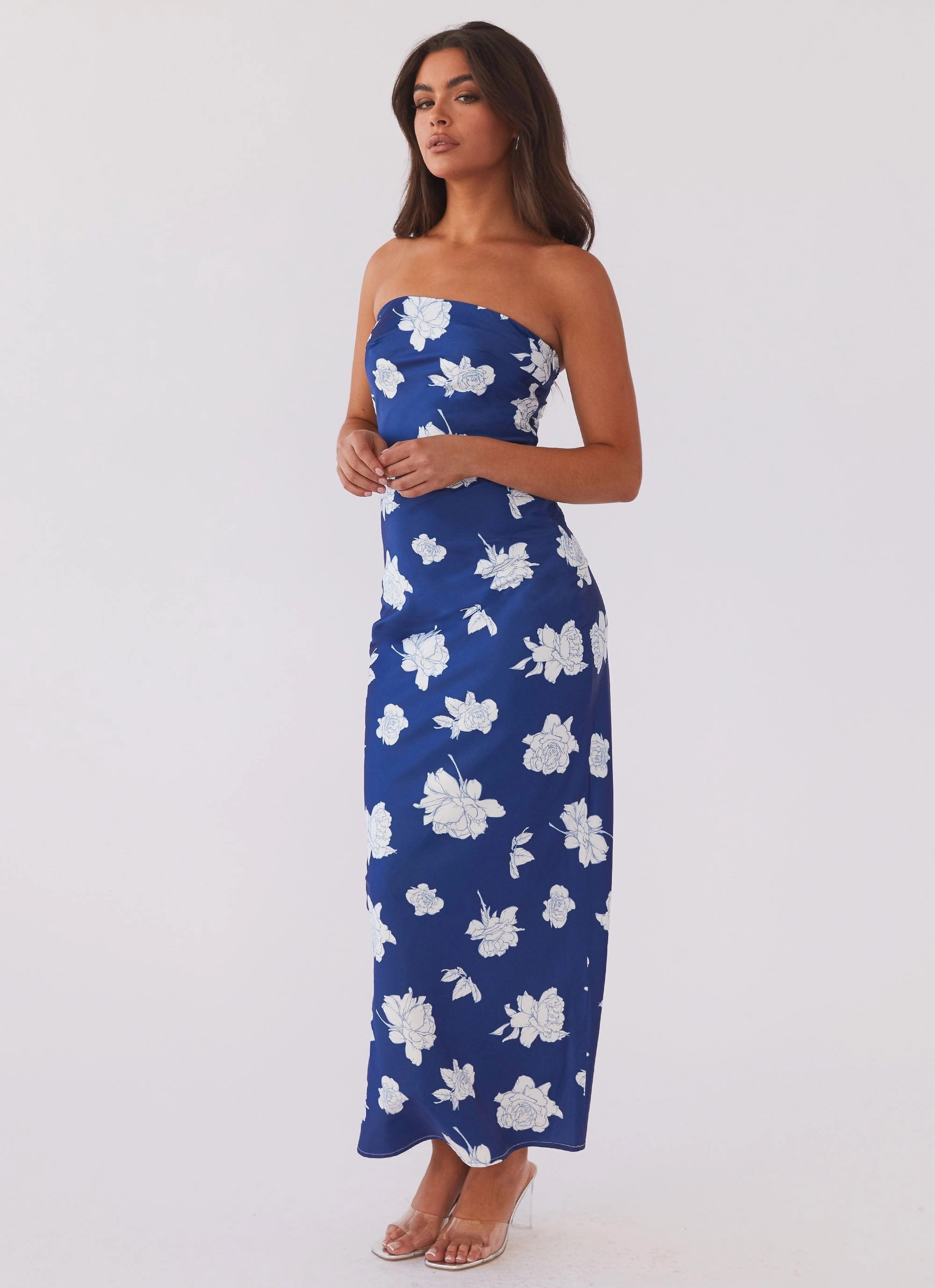 What I Want Maxi Dress - Navy Flora Smooth Lines Gemstone-Detail