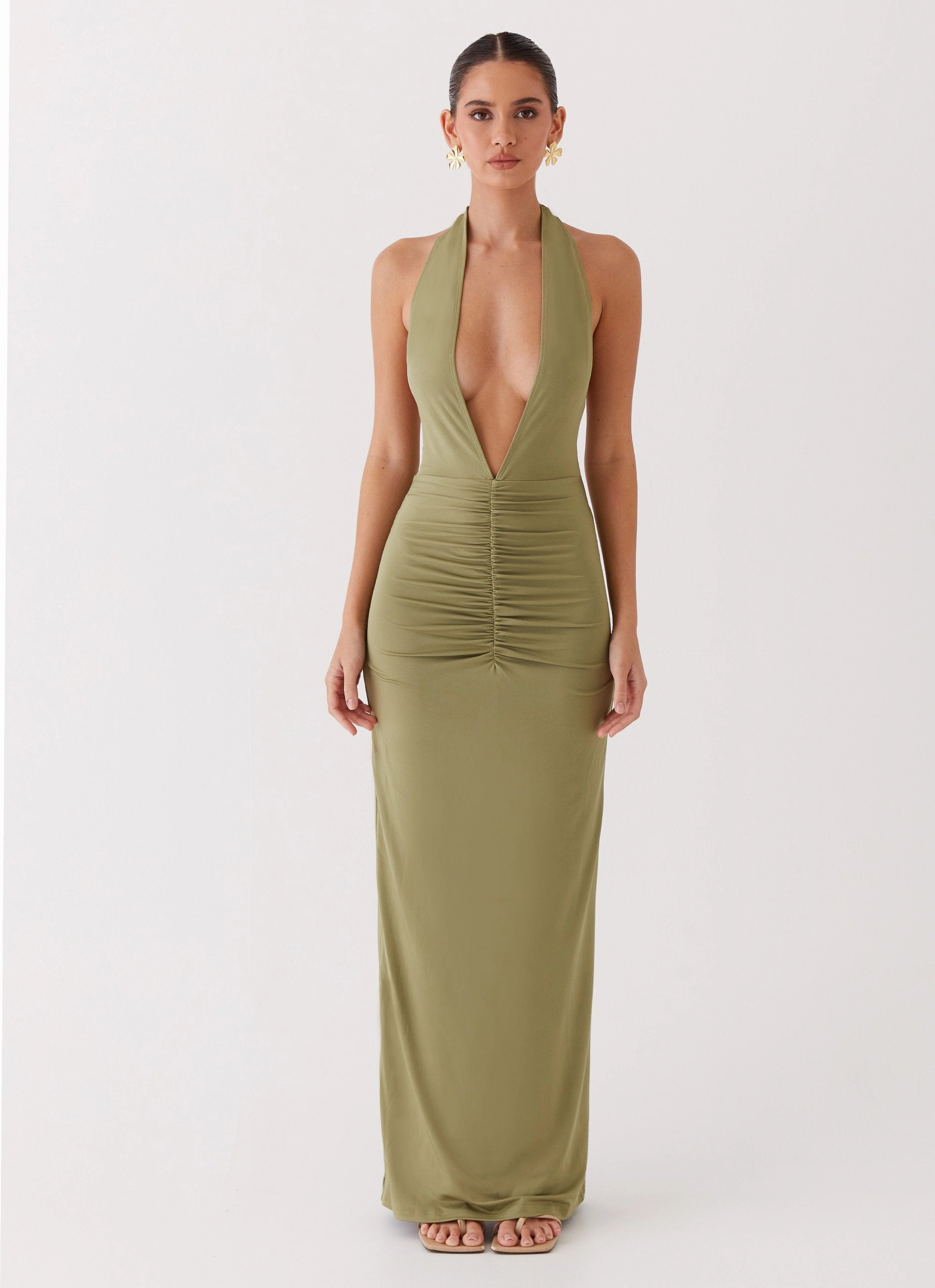 Whisked Away Halterneck Maxi Dress - Olive Satin Fabric