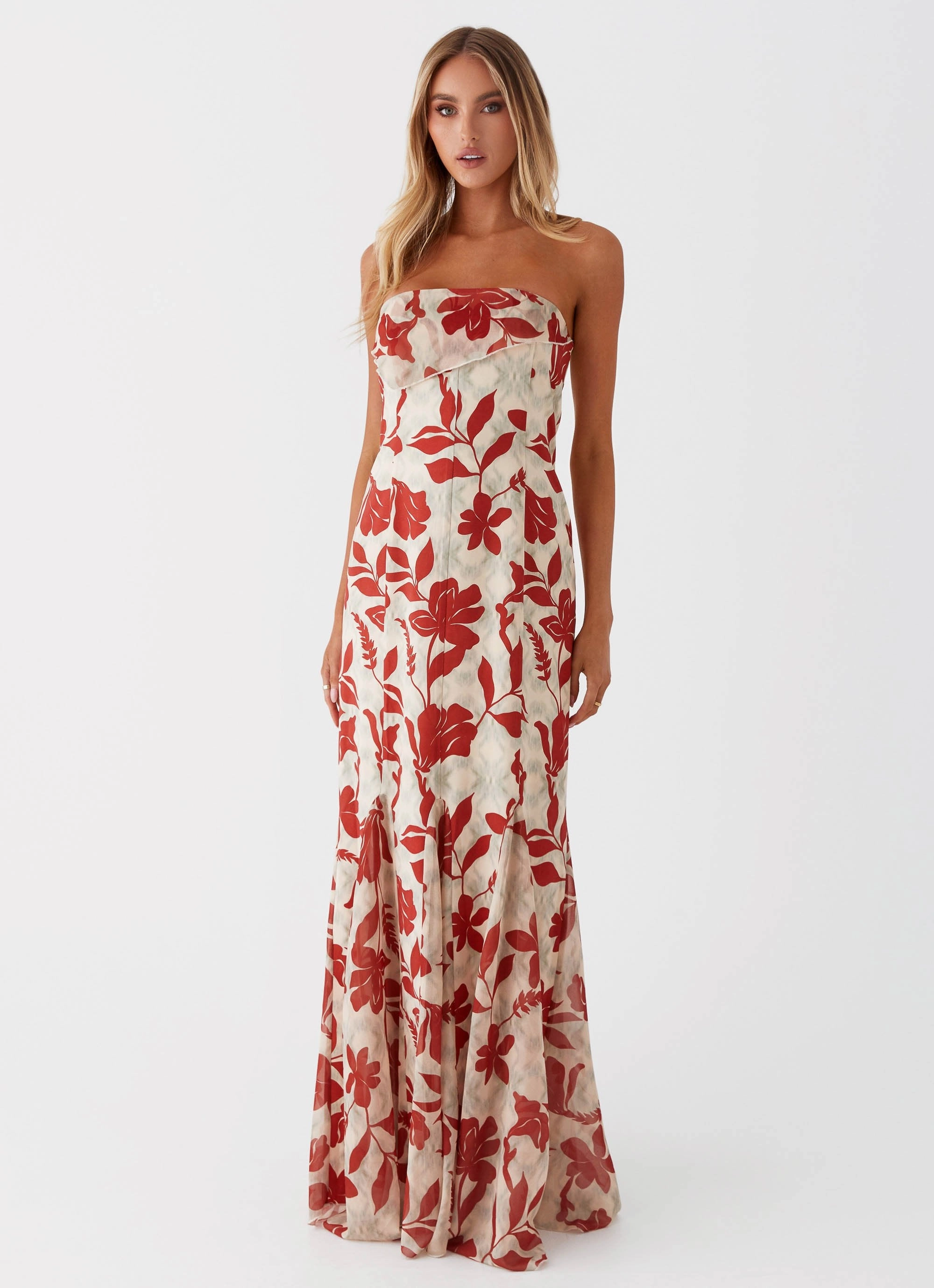 Willa Maxi Dress - Red Green Floral Versatile Wear Back Glow
