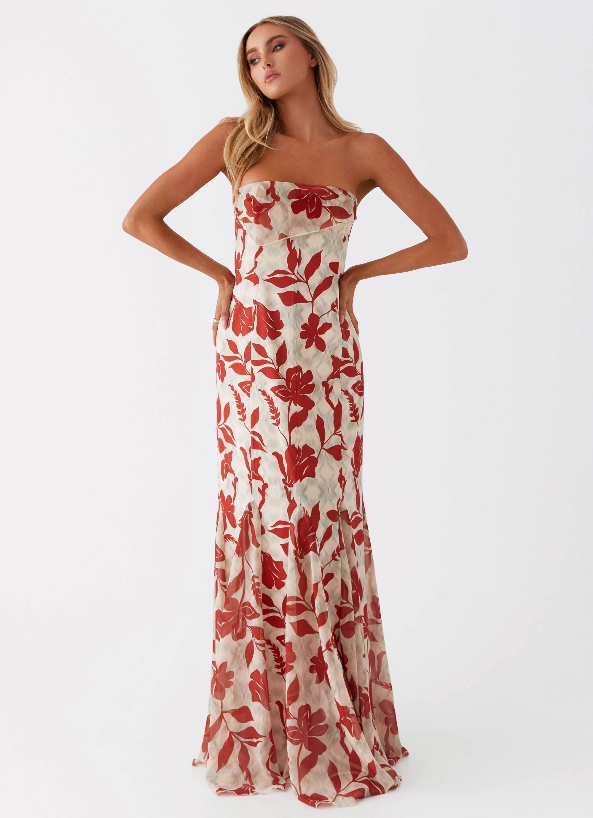Willa Maxi Dress - Red Green Floral Simple Texture Shine Dressy