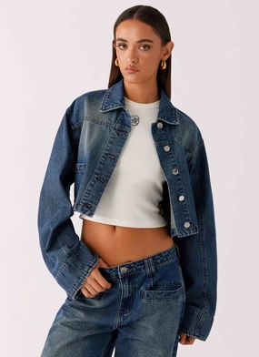 Joan Cropped Denim Jacket - Indigo Sporty Layers Fringe Detail