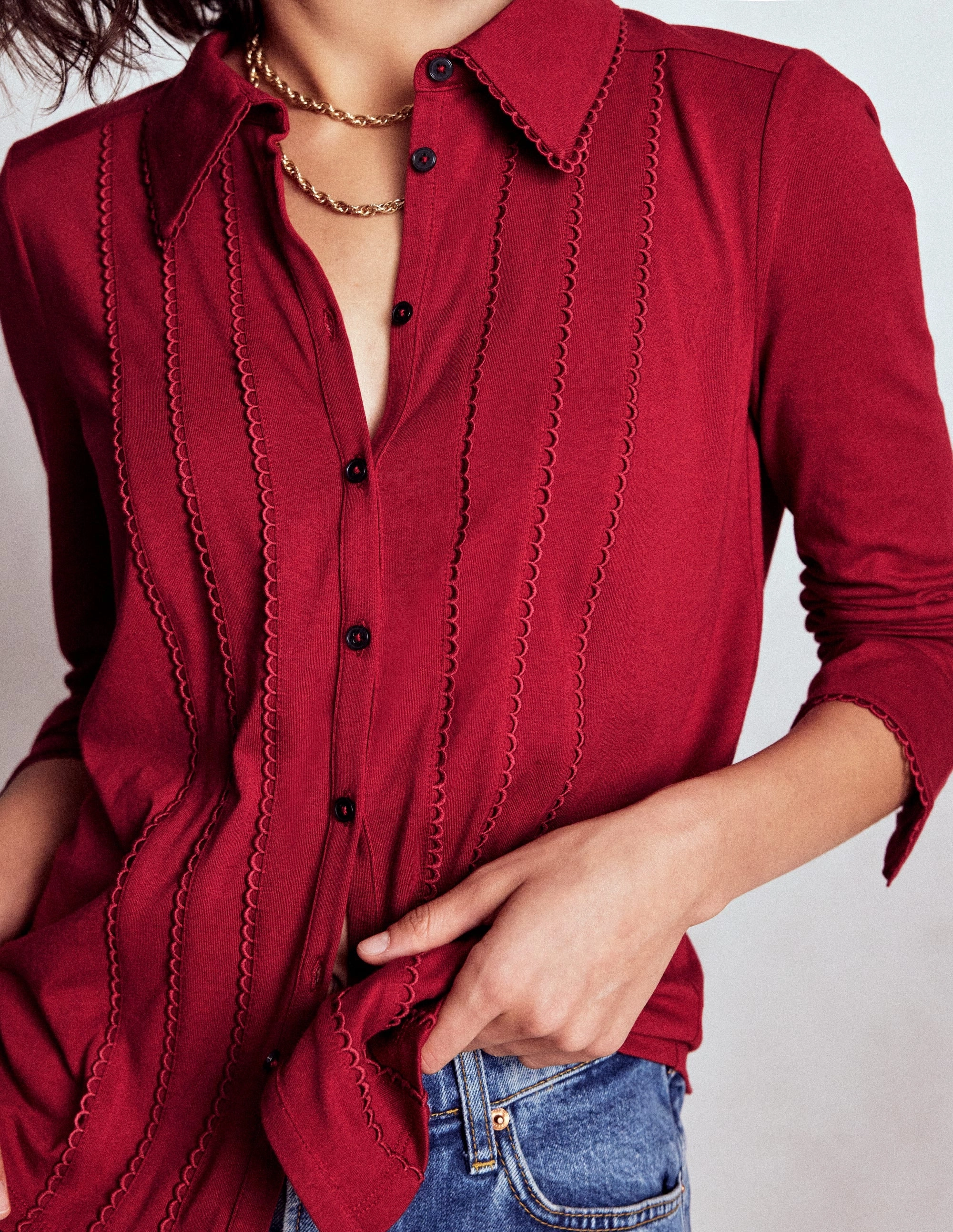 Picot Trim Jersey Shirt-Crimson Red Textured Weave