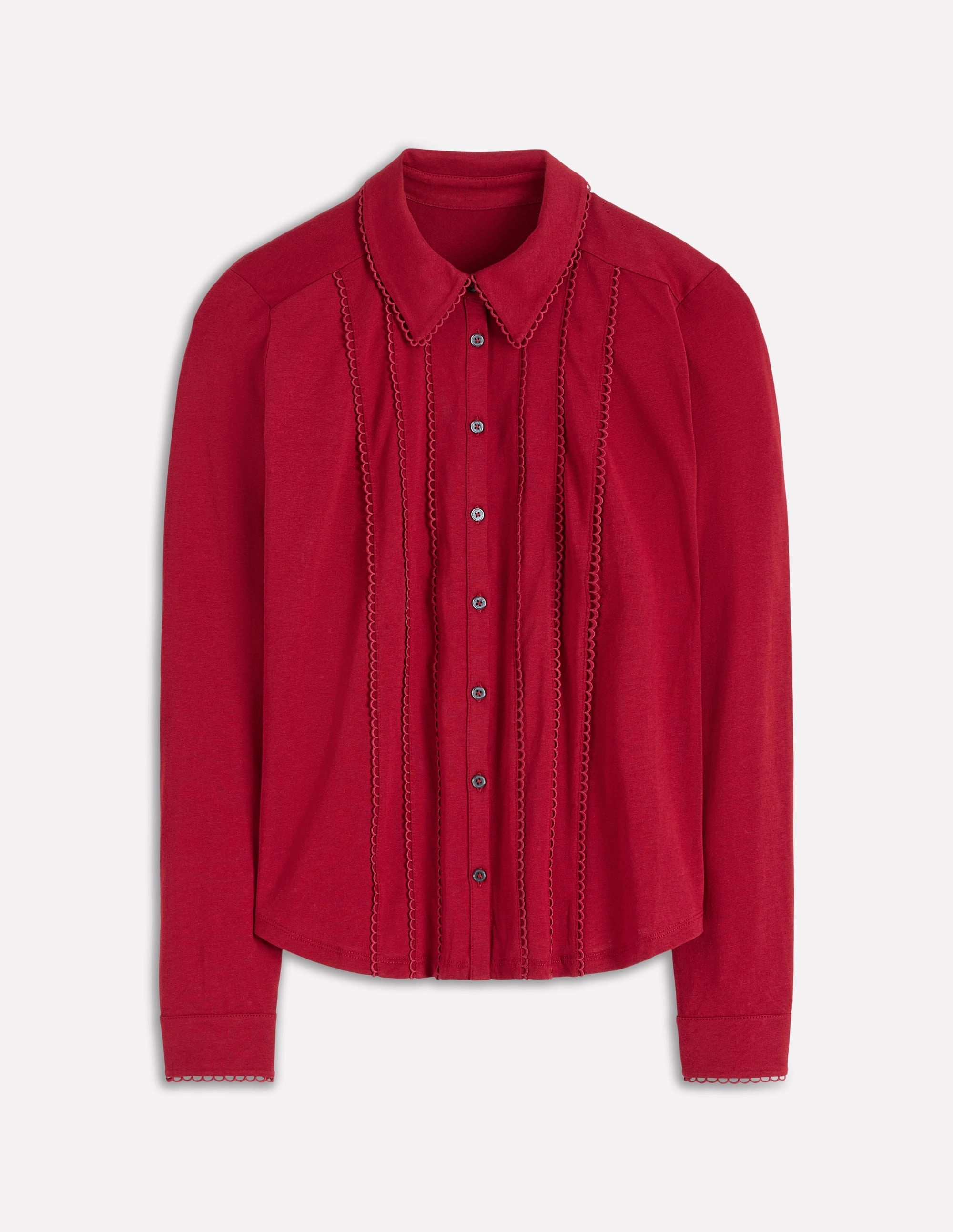 Picot Trim Jersey Shirt-Crimson Red High Neckline