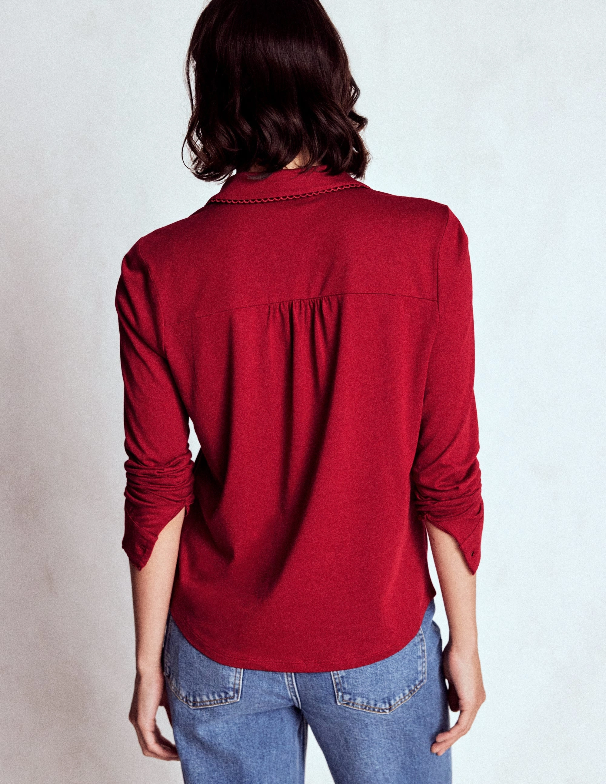 Street Style NonRestrictive Cut Picot Trim Jersey Shirt-Crimson Red