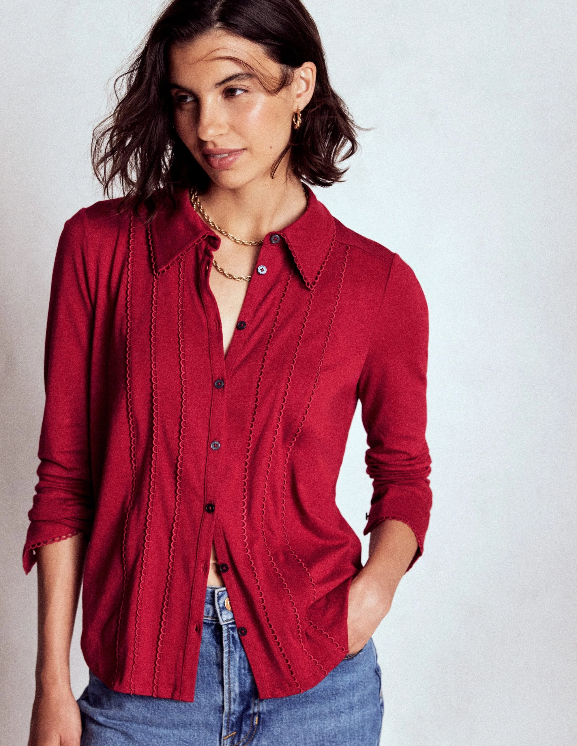 Relaxed Tee Picot Trim Jersey Shirt-Crimson Red