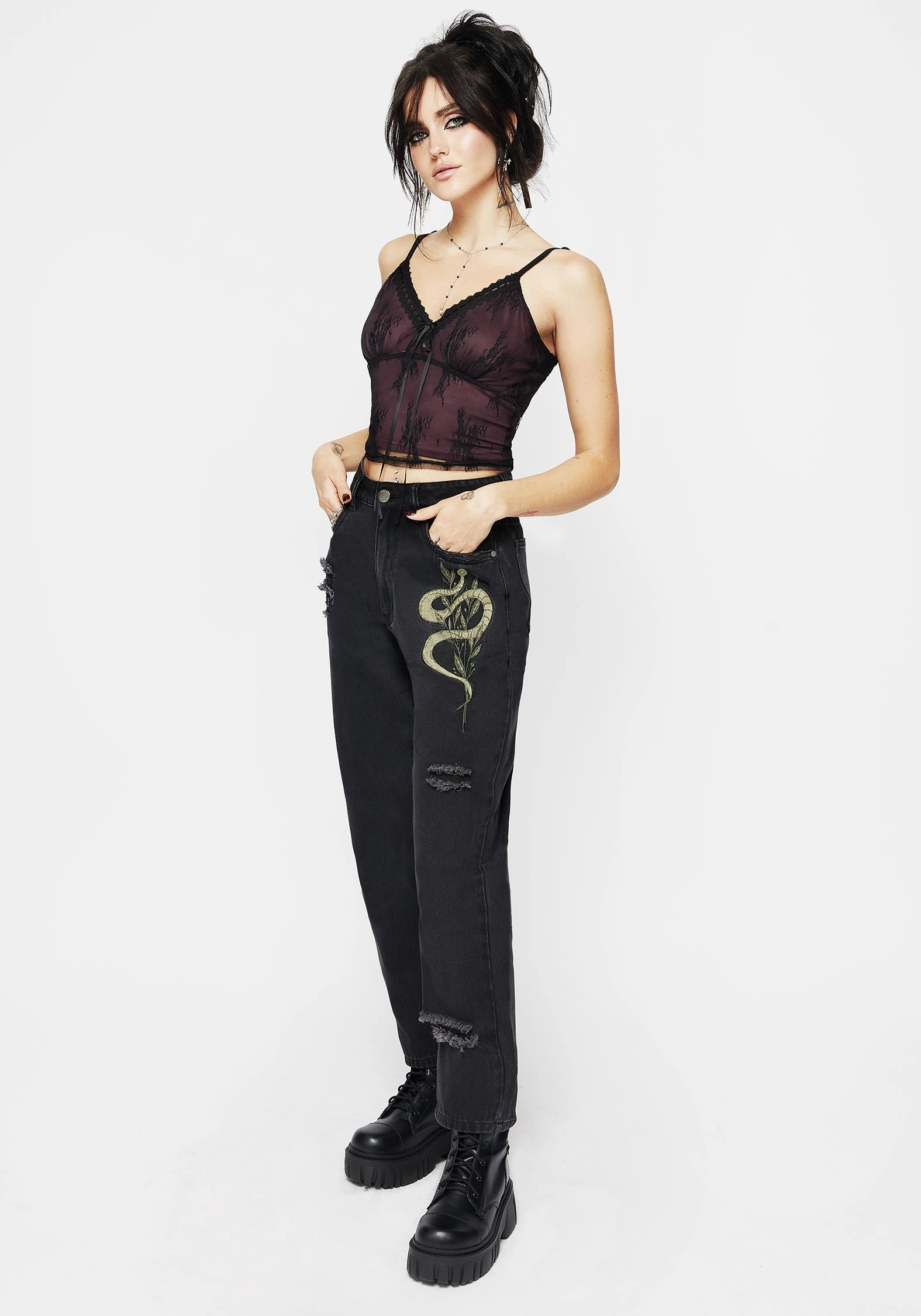 Slim Profile Nirah Embroidered Distressed Mom Jeans