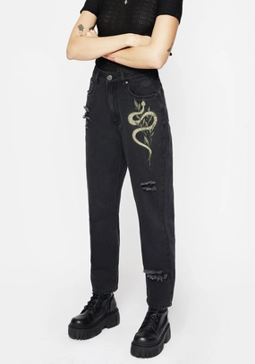Back pockets HighWaistSupport Nirah Embroidered Distressed Mom Jeans