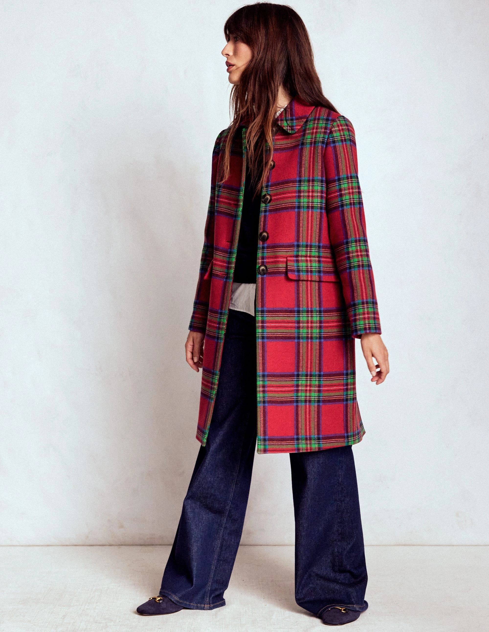 Hypoallergenic Fabric Blend Edinburgh Swing Coat-Red, Blue and Green Check