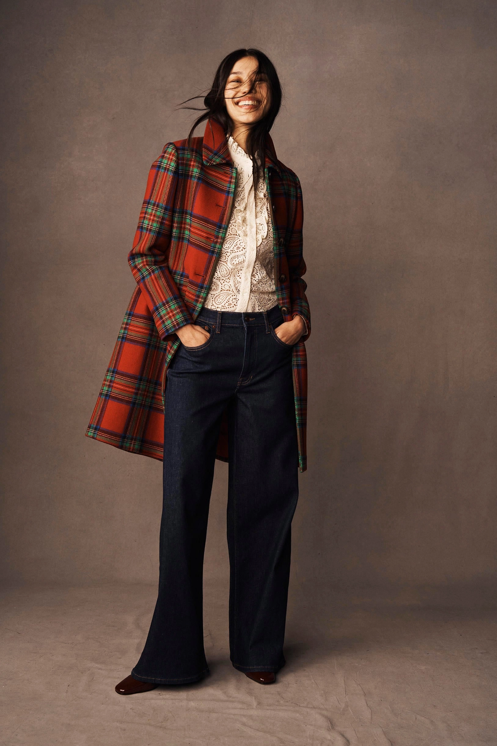 Neutral palette Lightweight Layer Edinburgh Swing Coat-Red, Blue and Green Check