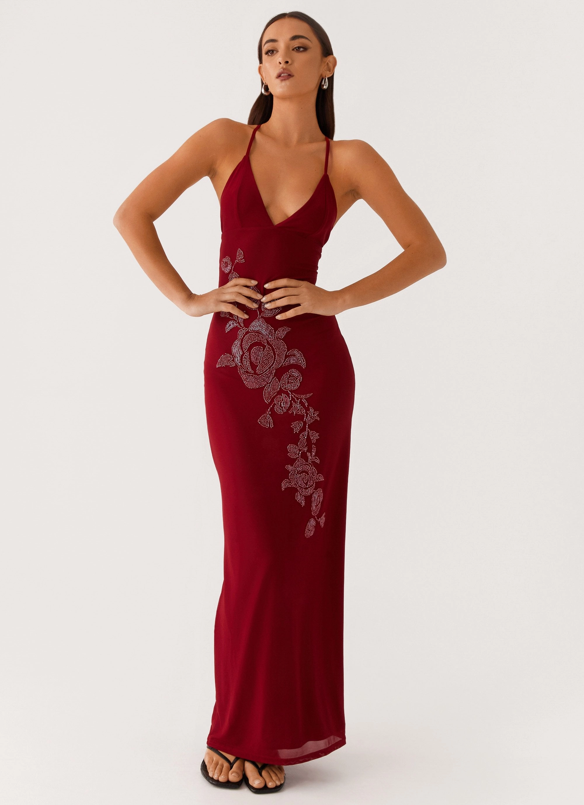 Beki Beaded Mesh Maxi Dress - Deep Red Spring Flow