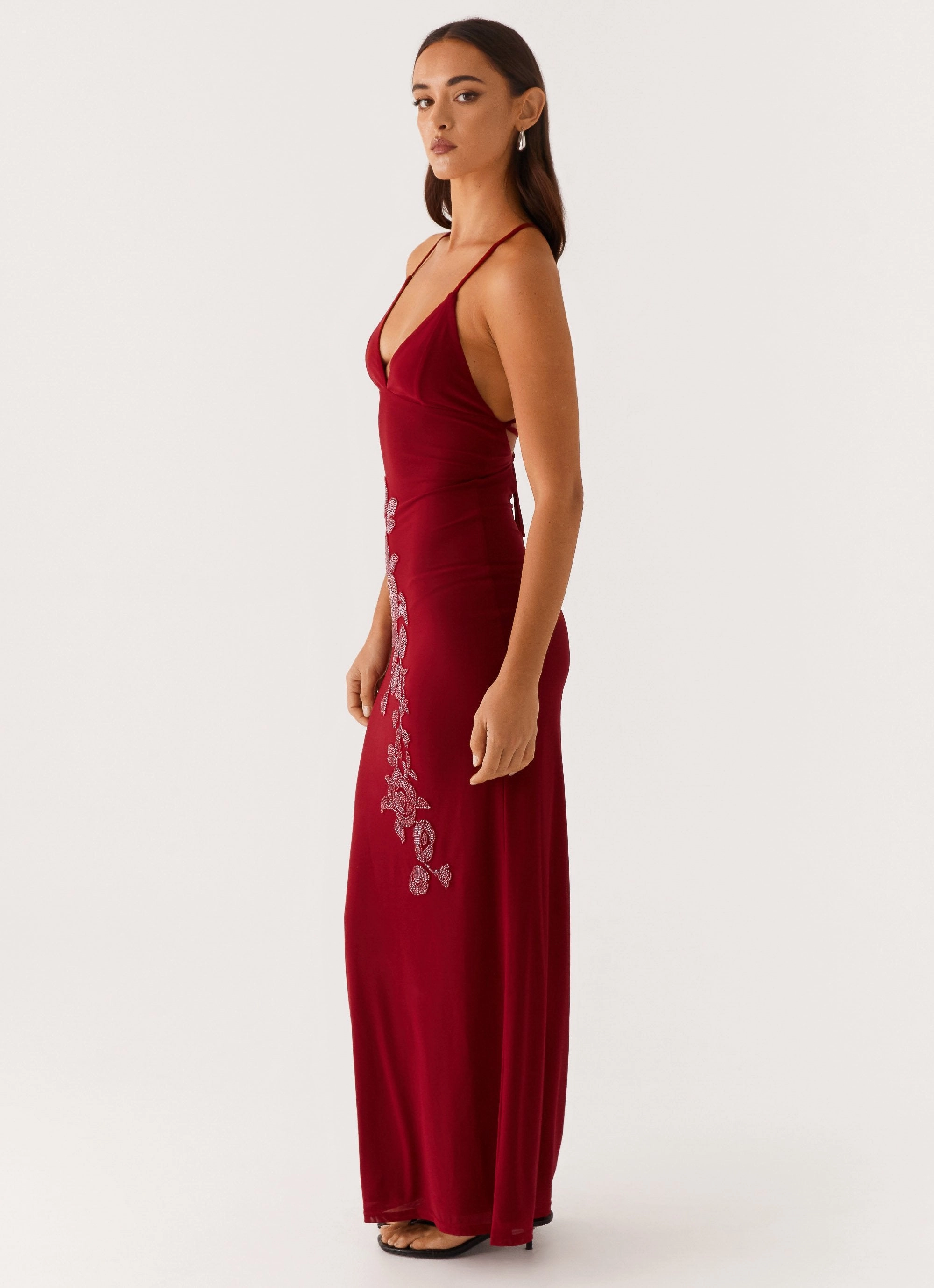 Birthday-Celebration Sculpted Detail Beki Beaded Mesh Maxi Dress - Deep Red