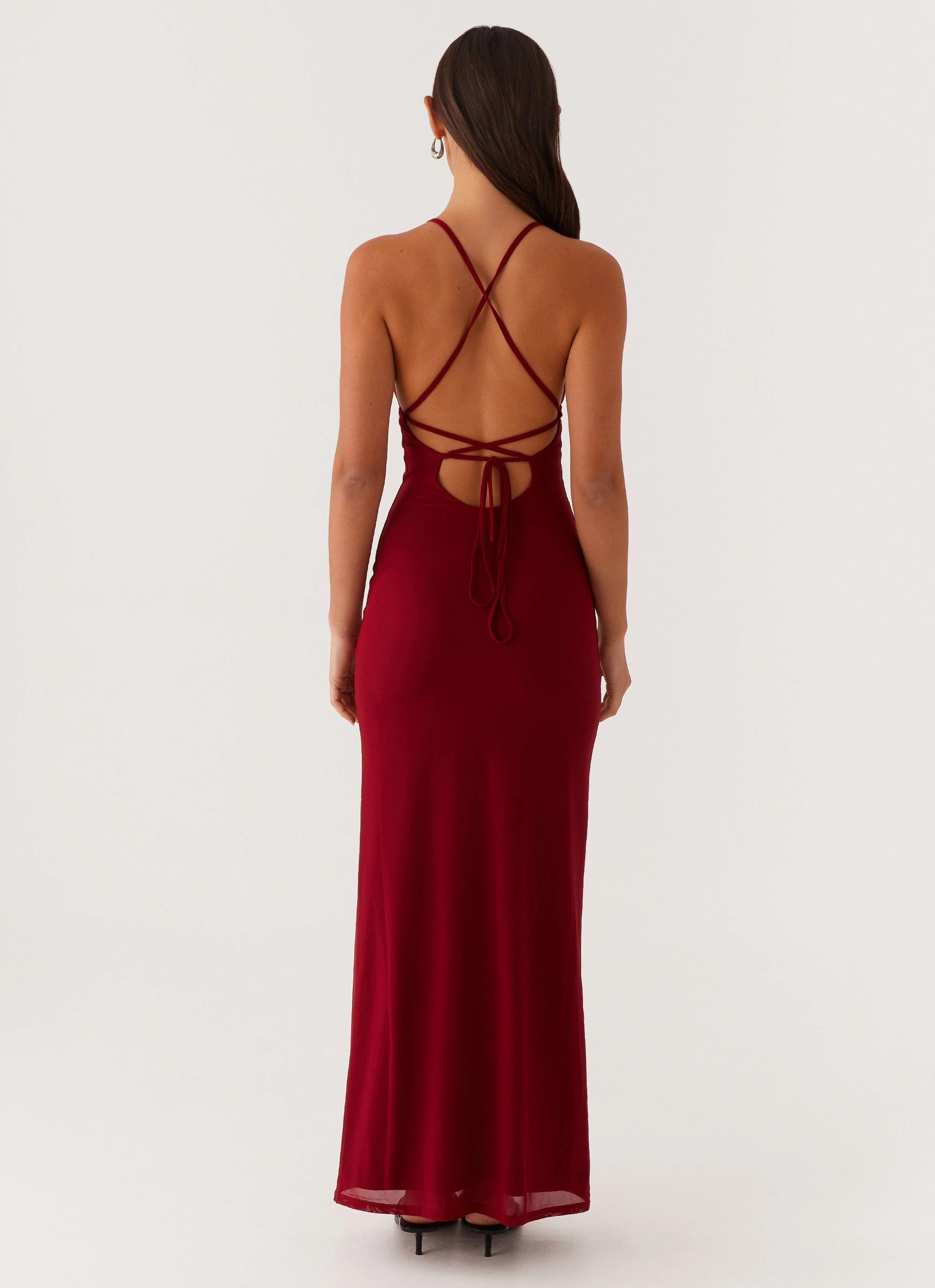 Smart Waistband Design Beki Beaded Mesh Maxi Dress - Deep Red
