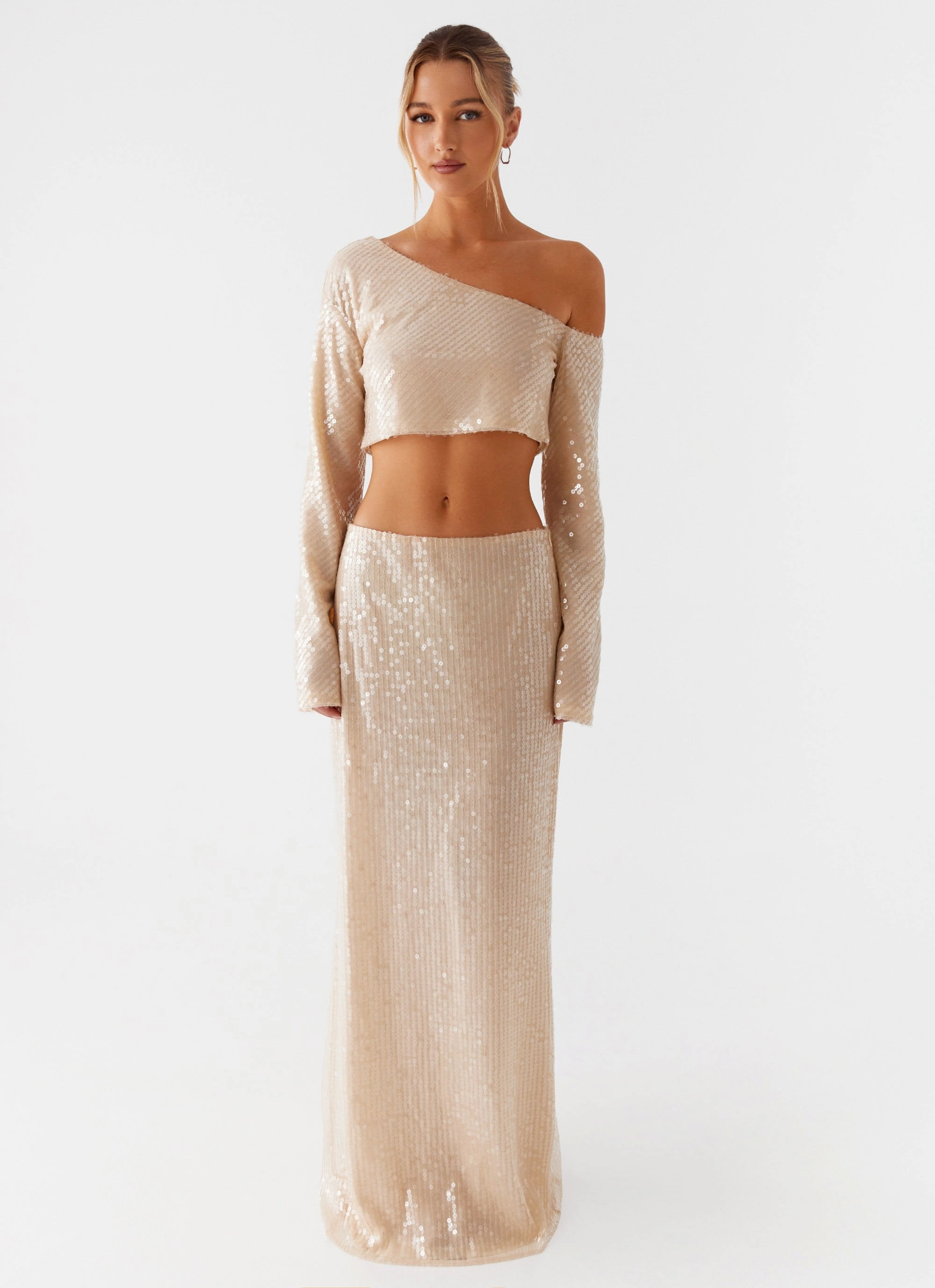 Wisteria Low Rise Sequin Maxi Skirt - Champagne Collaboration Piece Modern Outfit
