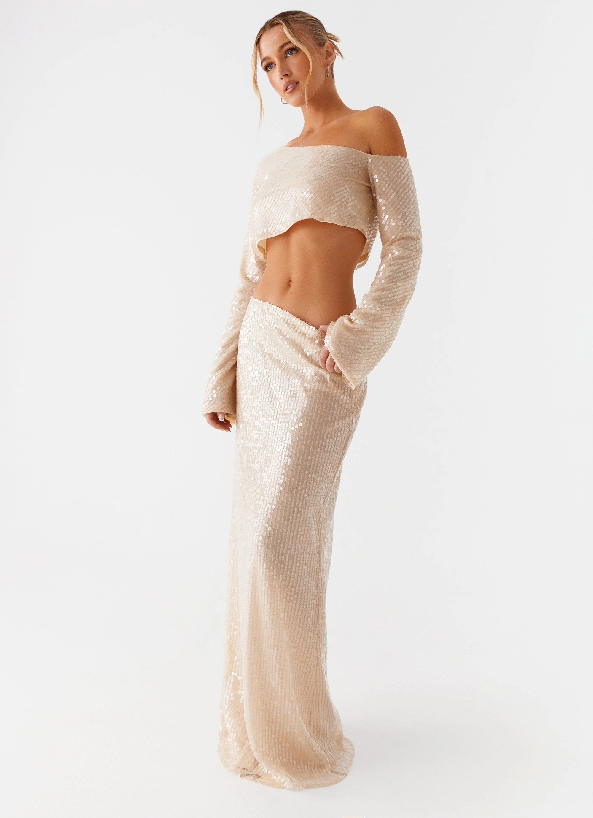 hypoallergenic material Wisteria Low Rise Sequin Maxi Skirt - Champagne