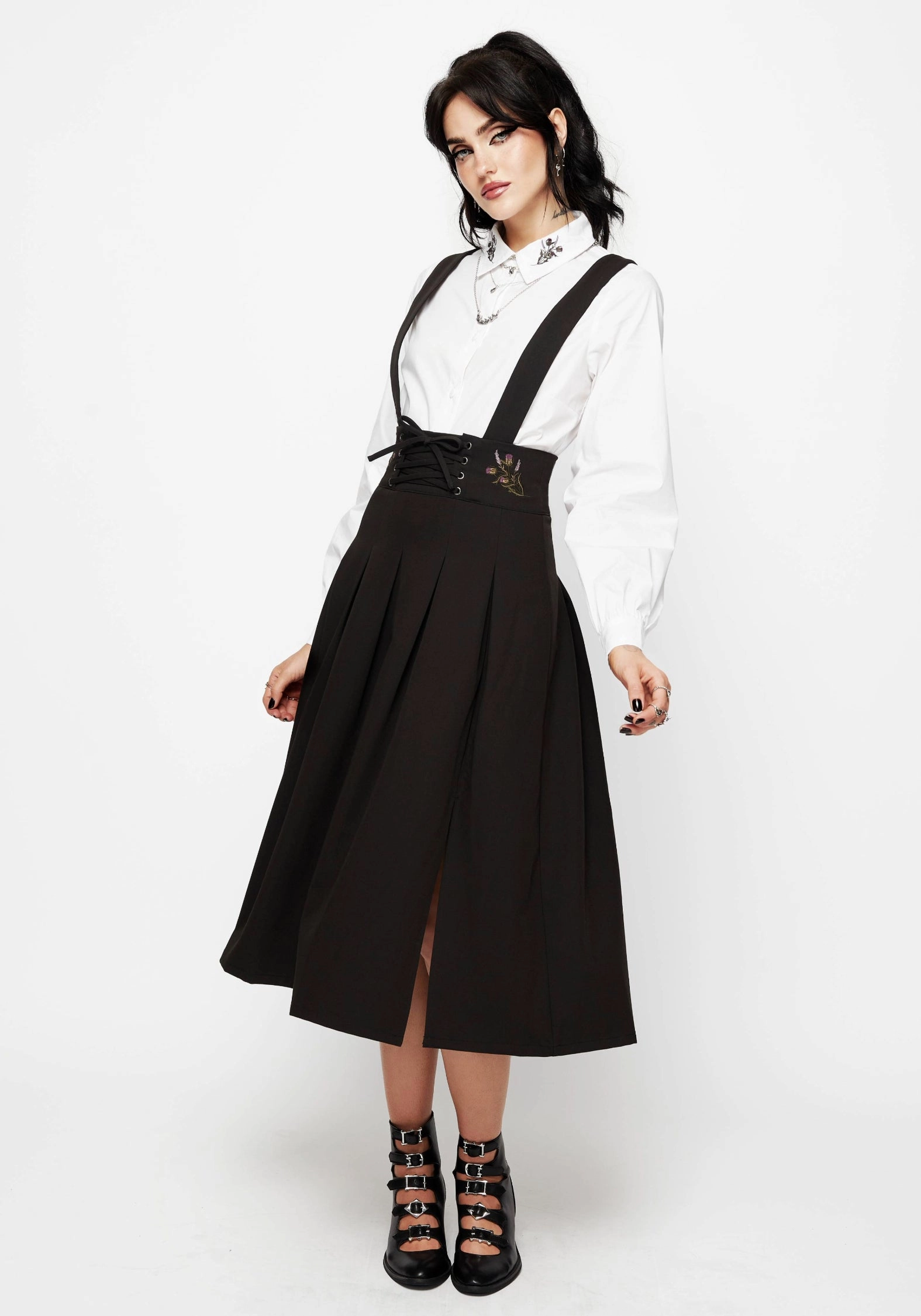Despair Thistle Embroidered Tailored Pleated Pinafore Midi Skirt Oversized style