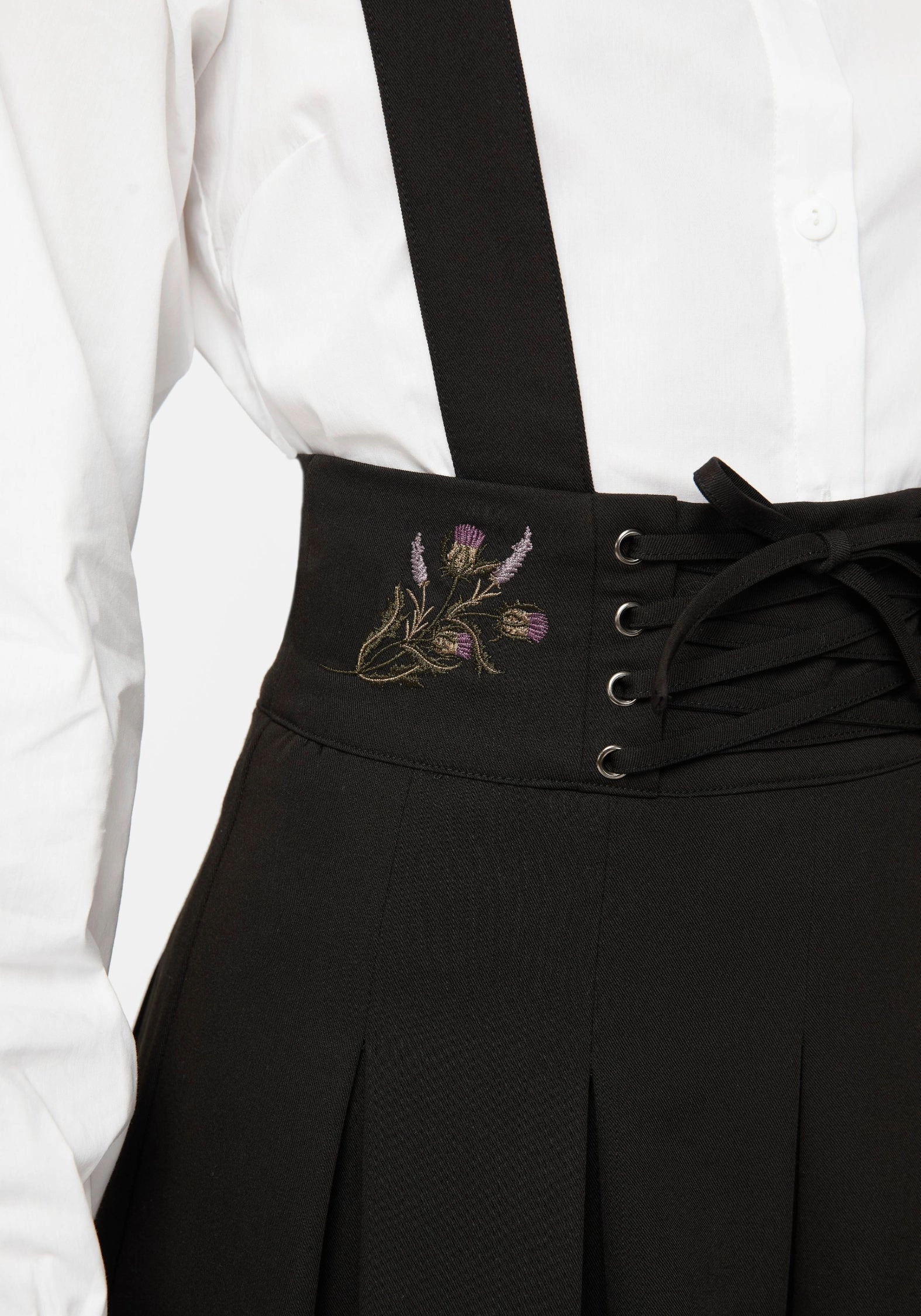 Despair Thistle Embroidered Tailored Pleated Pinafore Midi Skirt Soft Aesthetic Texture Play