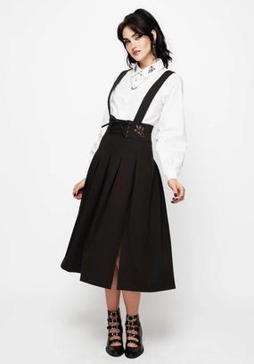 Despair Thistle Embroidered Tailored Pleated Pinafore Midi Skirt Oversized style