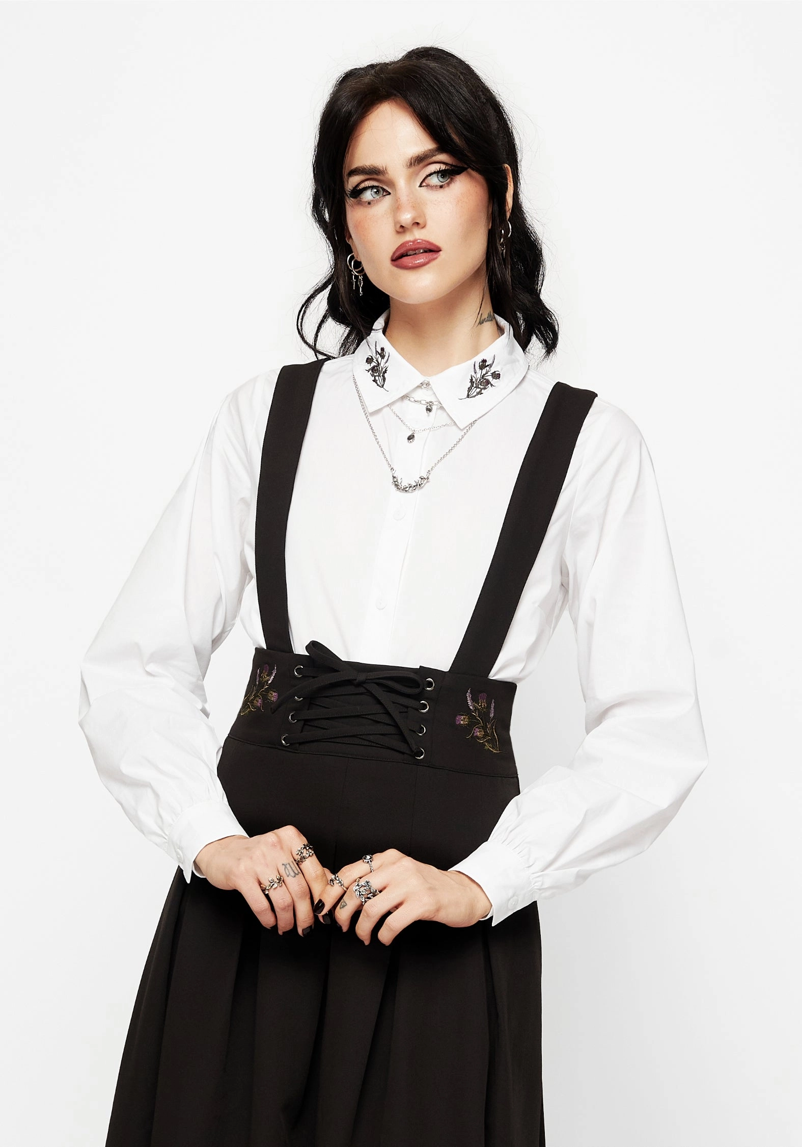 Despair Thistle Embroidered Tailored Pleated Pinafore Midi Skirt Smooth Motion Monochrome Outfit