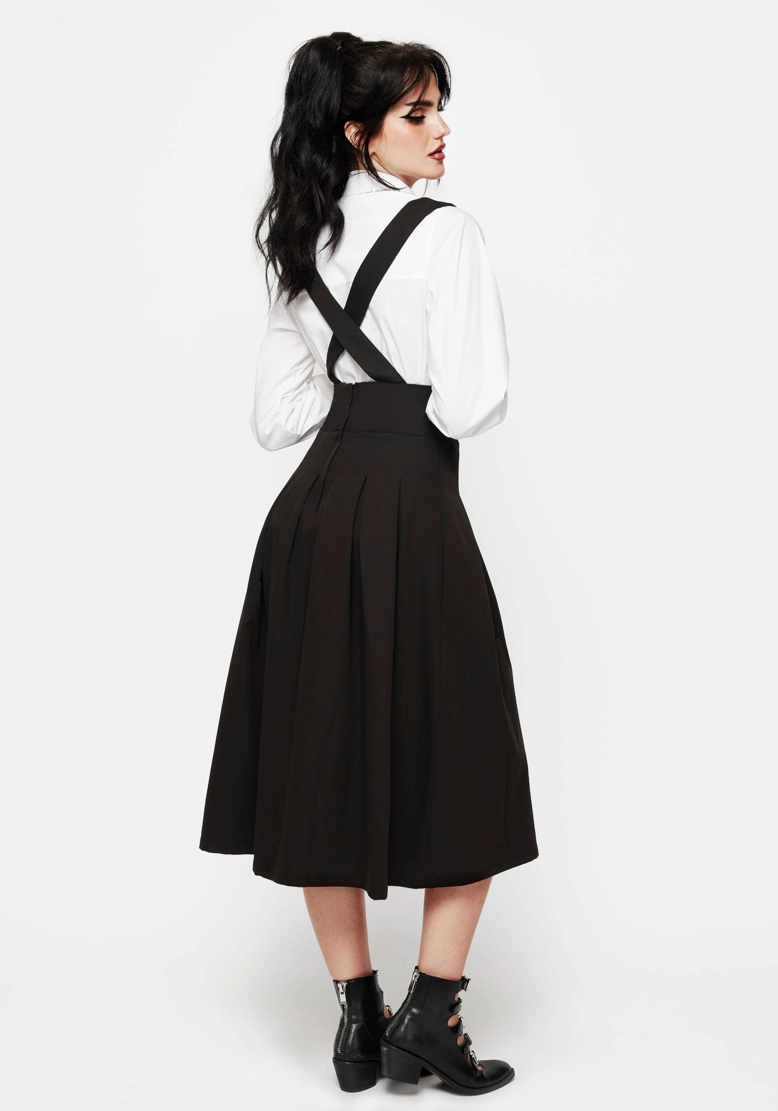Despair Thistle Embroidered Tailored Pleated Pinafore Midi Skirt Athleisure Inspired