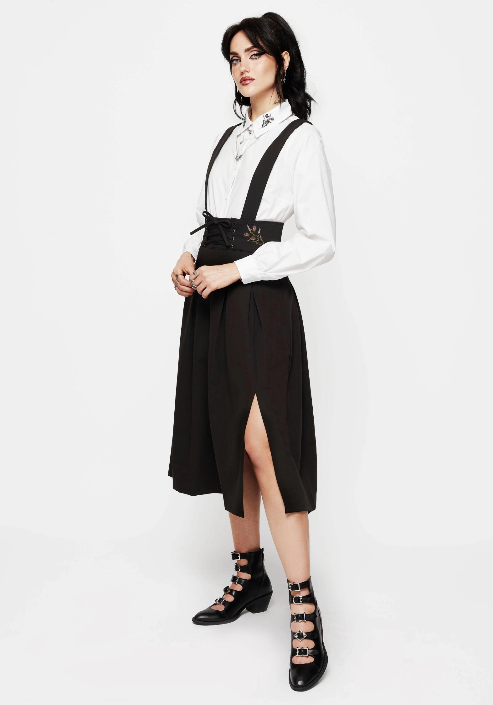 Polished Style Coordinated Set Despair Thistle Embroidered Tailored Pleated Pinafore Midi Skirt