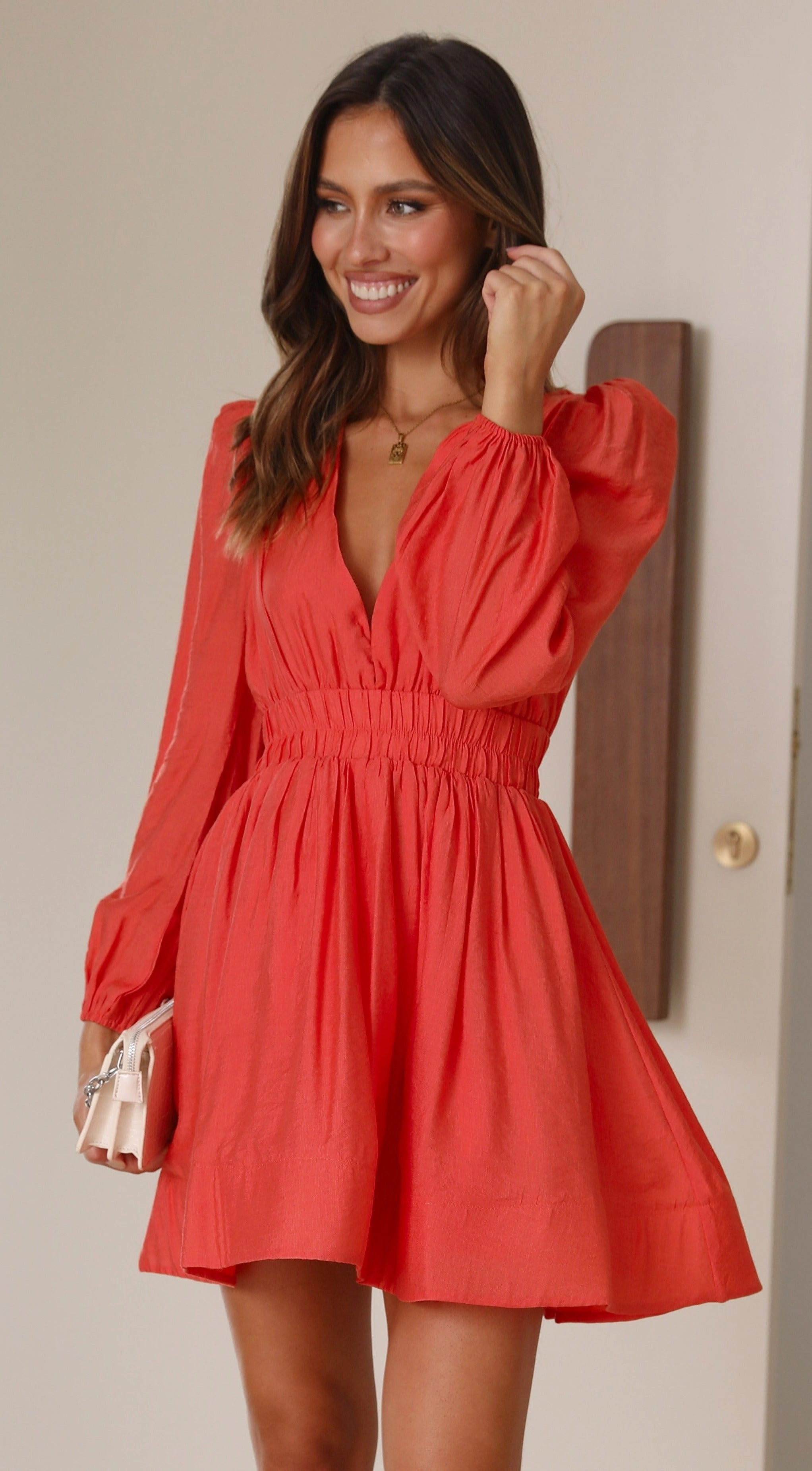 Glossy Detail Charlotte Mini Dress - Melon
