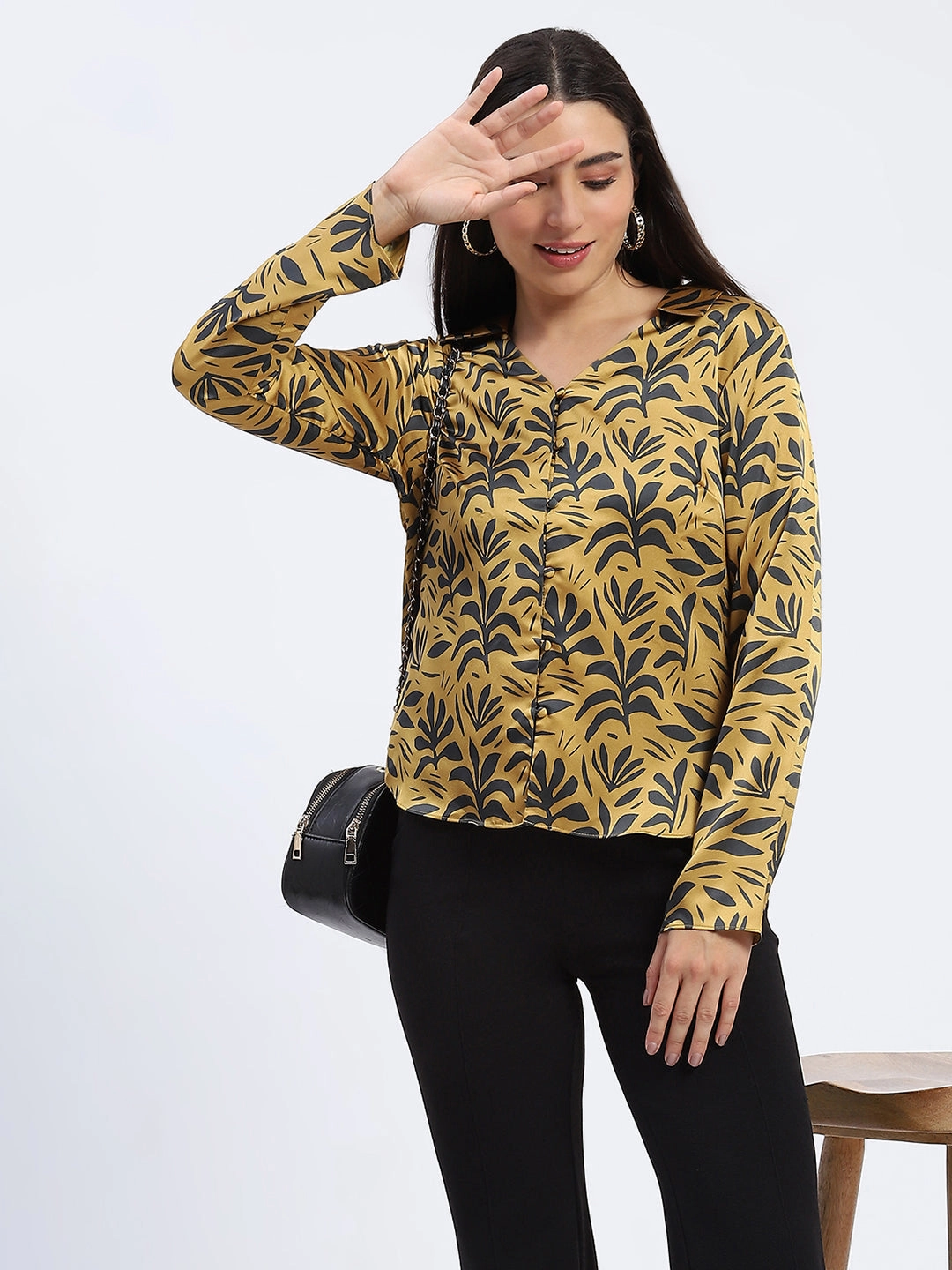 Madame Golden Leaf Print Shirt No Slip Shoulder Grips Contemporary Design