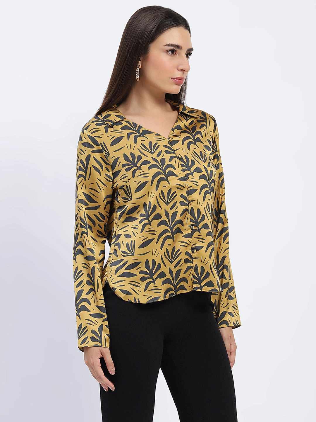 Madame Golden Leaf Print Shirt Breathable Cotton