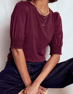 Short Sleeve Smocked Cuff Top-Deep Wisteria Curved Hem