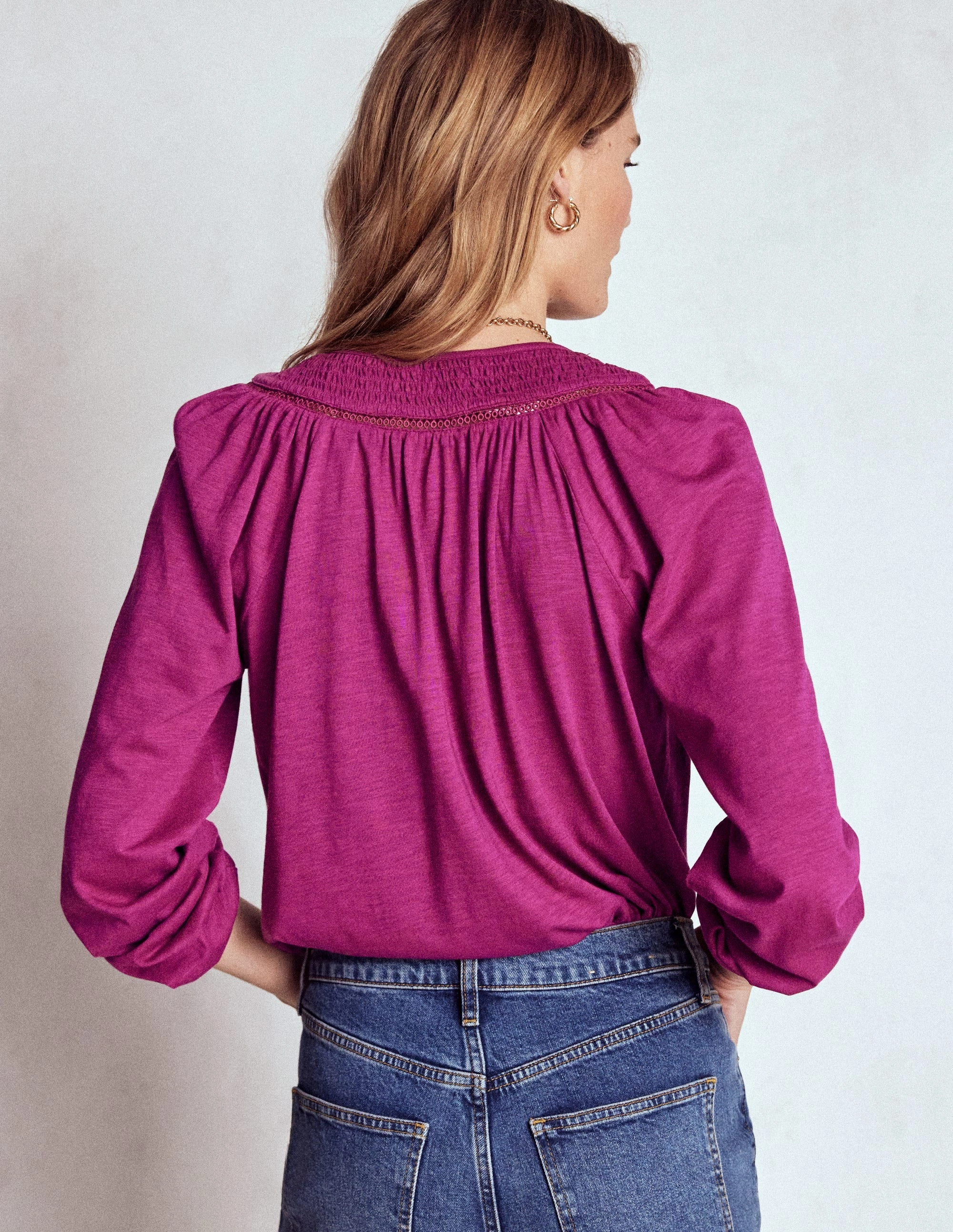 Georgia Smocked Jersey Top-Rich Magenta ribbed texture